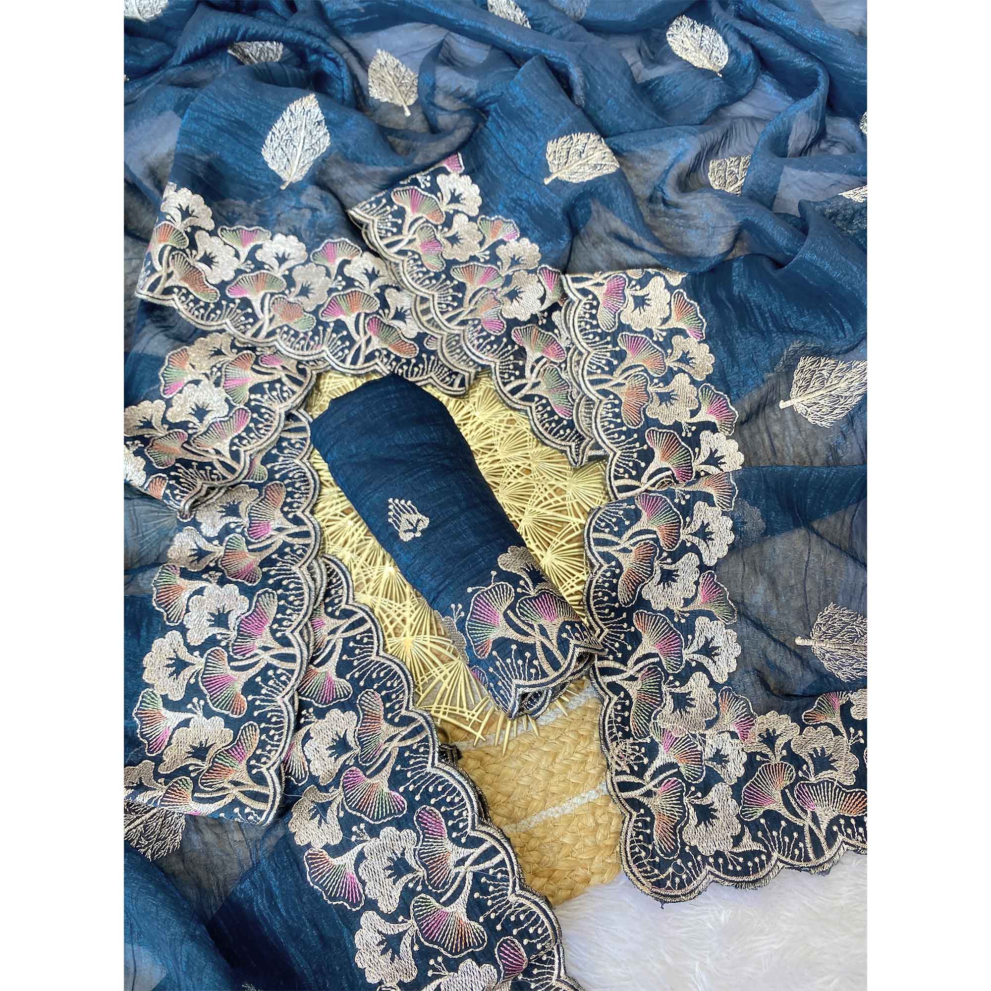 Teal Floral Embroidered Saree in Crunchy Silk Blend