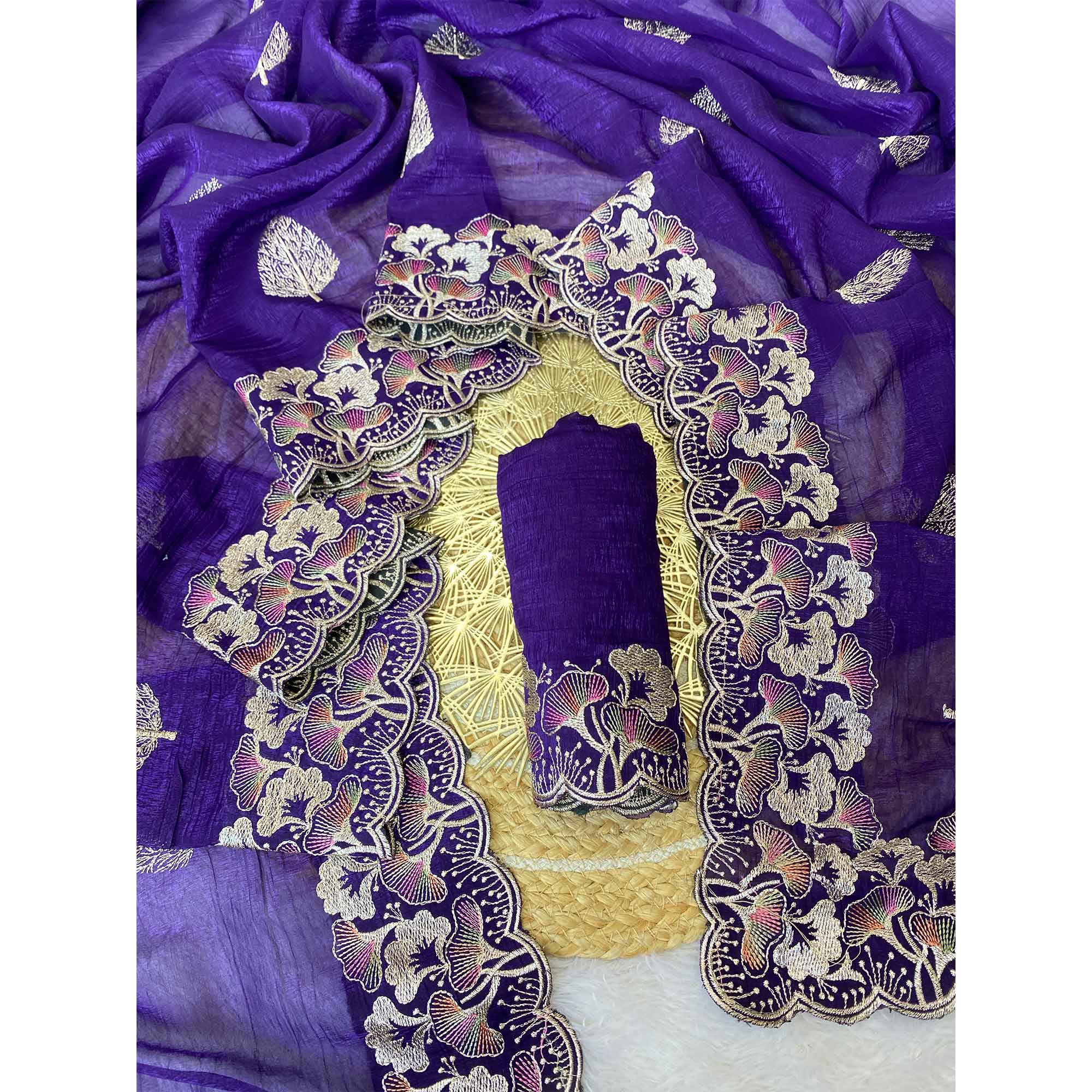 Violet Floral Embroidered Saree in Crunchy Silk Blend