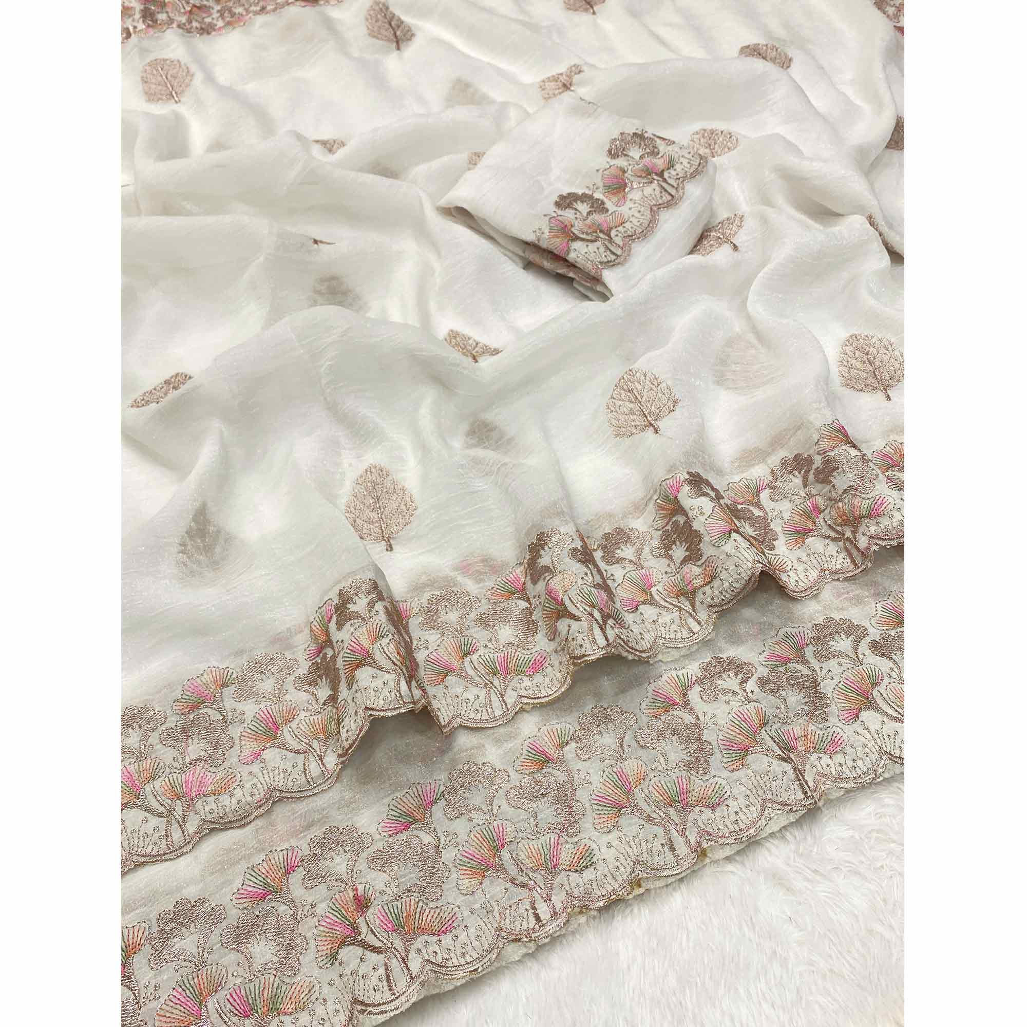 White Embroidered Thread Work Saree in Flowy Chiffon Silk