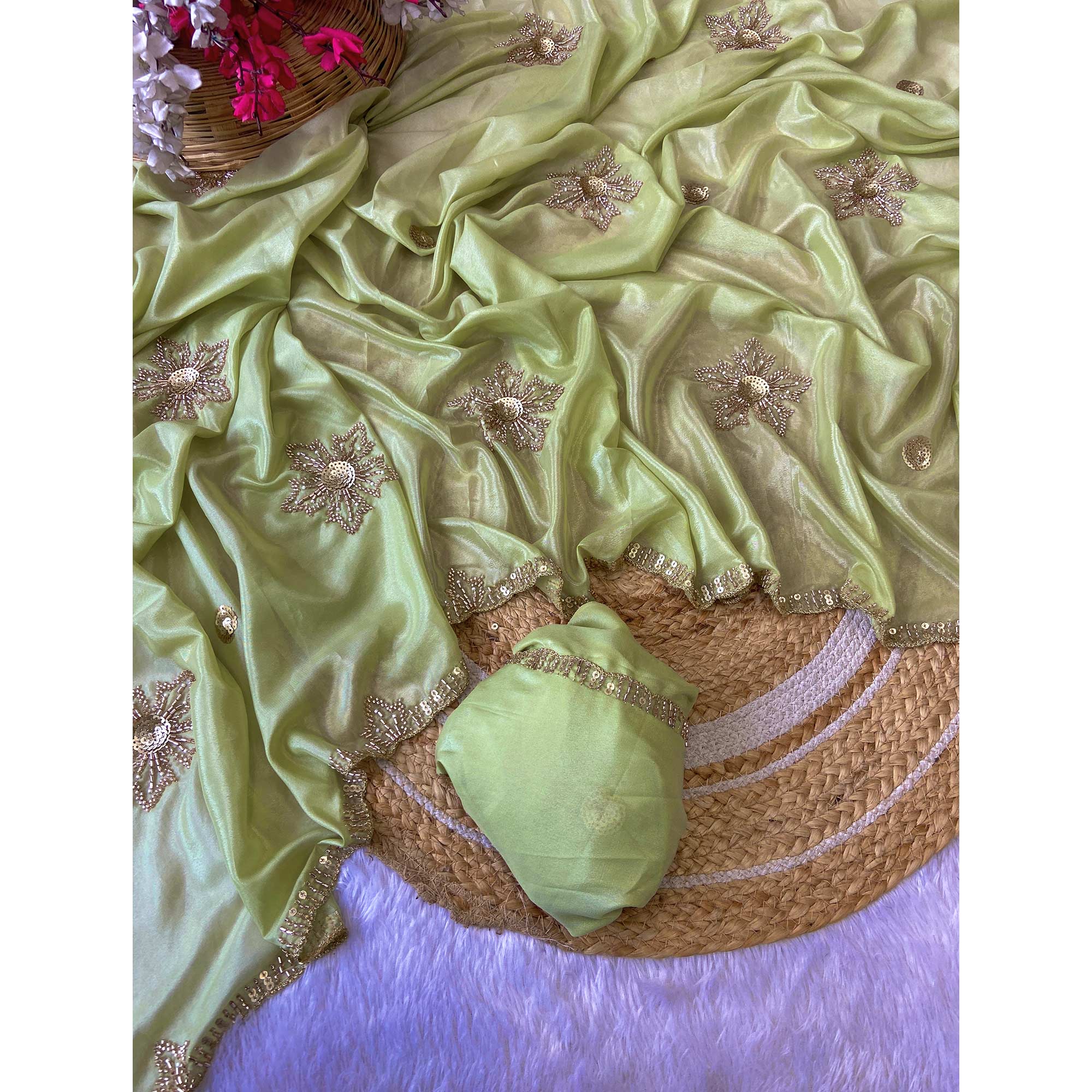 Green Partywear Saree in Crepe with Intricate Stone Work