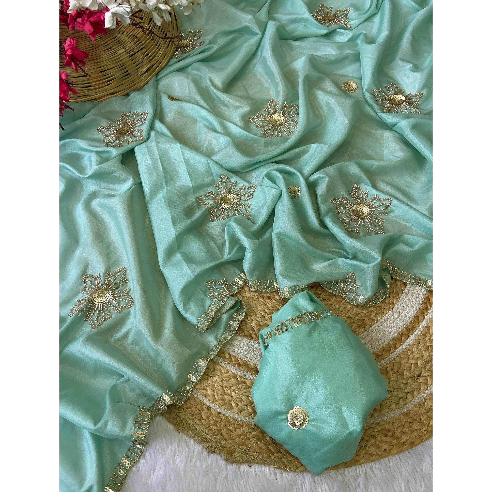 Turquoise Partywear Saree in Crepe with Intricate Stone Work