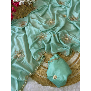 Turquoise Partywear Saree in Crepe with Intricate Stone Work