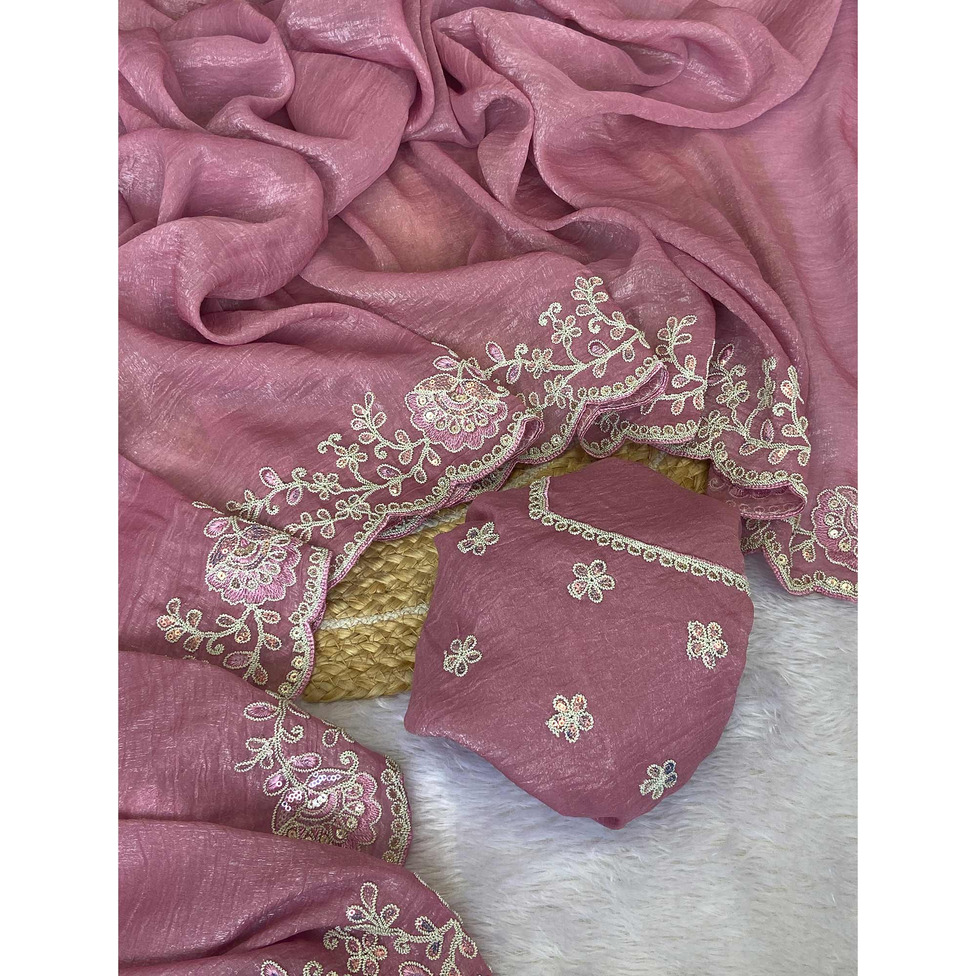 Designer Dusty Pink Crunchy Texture Tissue Saree with Embroidered Highlights