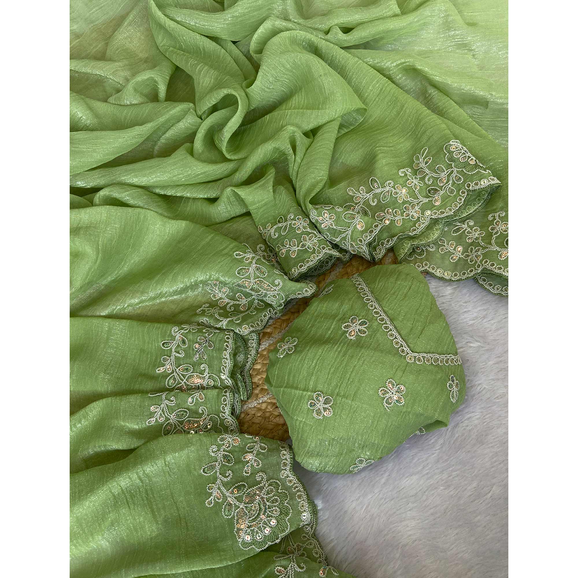 Designer Green Crunchy Texture Tissue Saree with Embroidered Highlights
