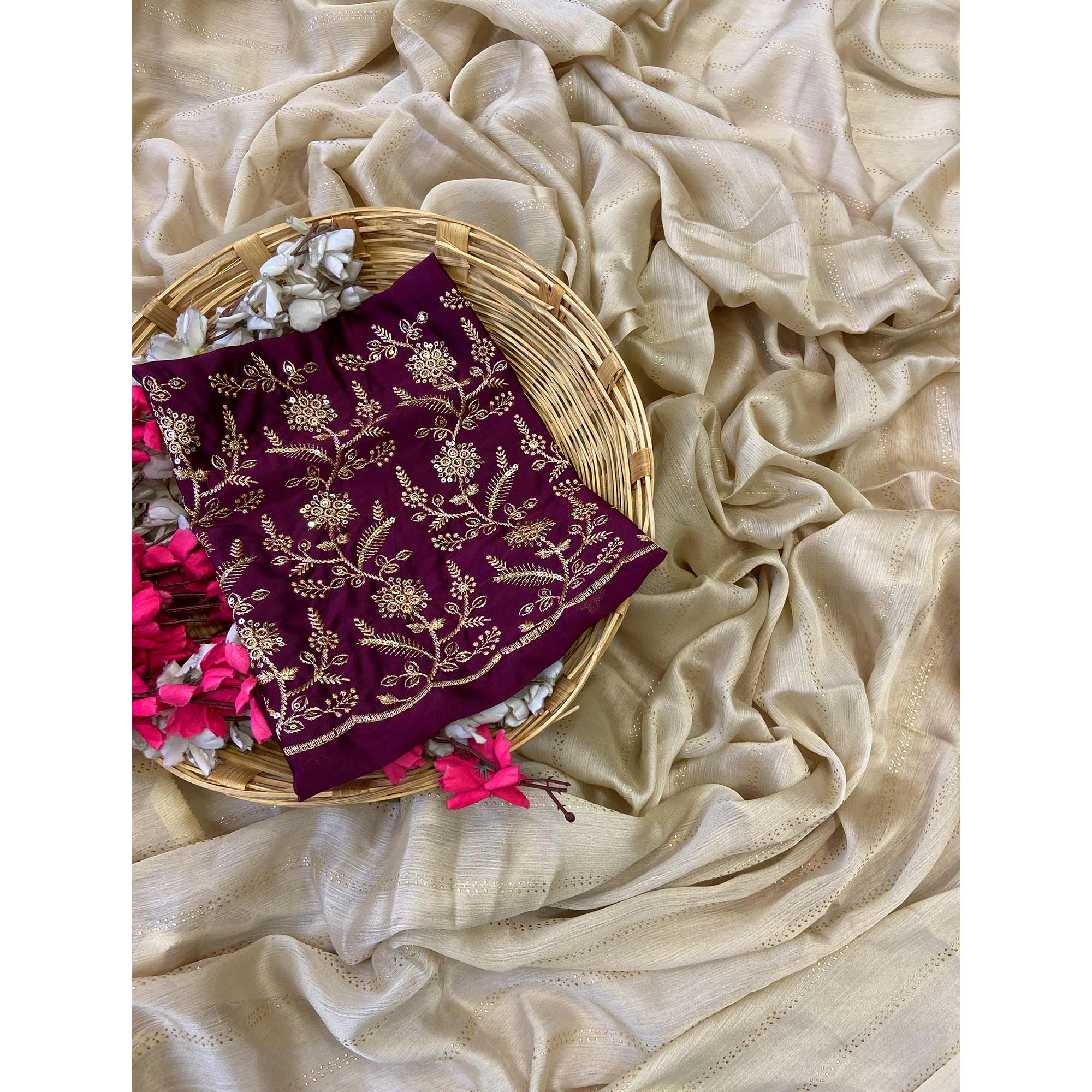 Beige Moss Chiffon Drape with Modern Foil Print Touch