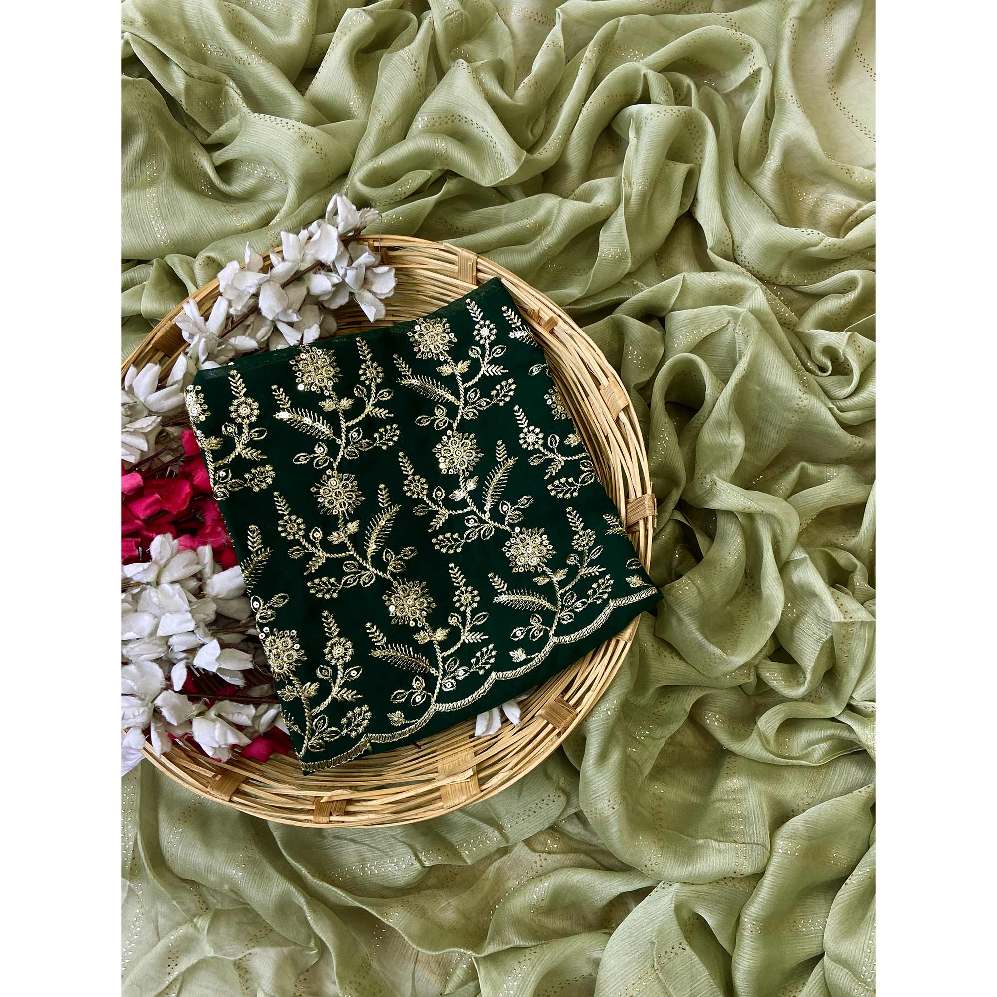 Green Moss Chiffon Drape with Modern Foil Print Touch