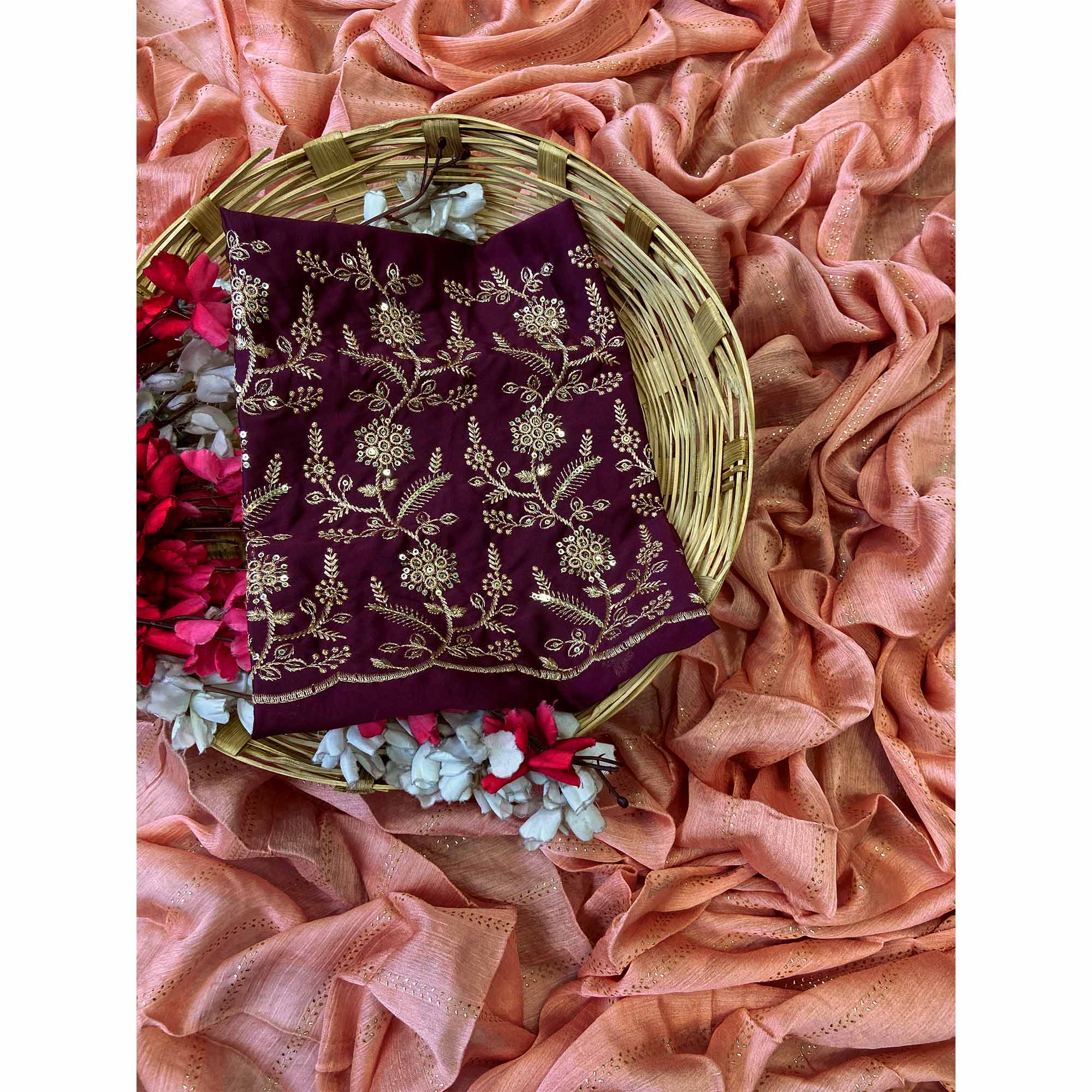 Peach Moss Chiffon Drape with Modern Foil Print Touch