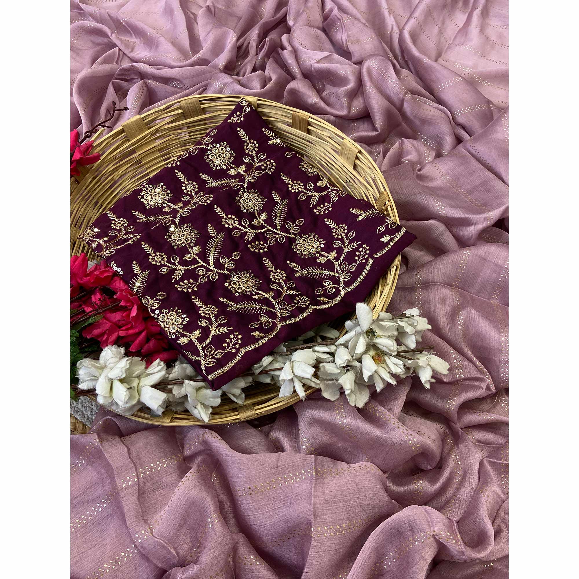 Purple Moss Chiffon Drape with Modern Foil Print Touch