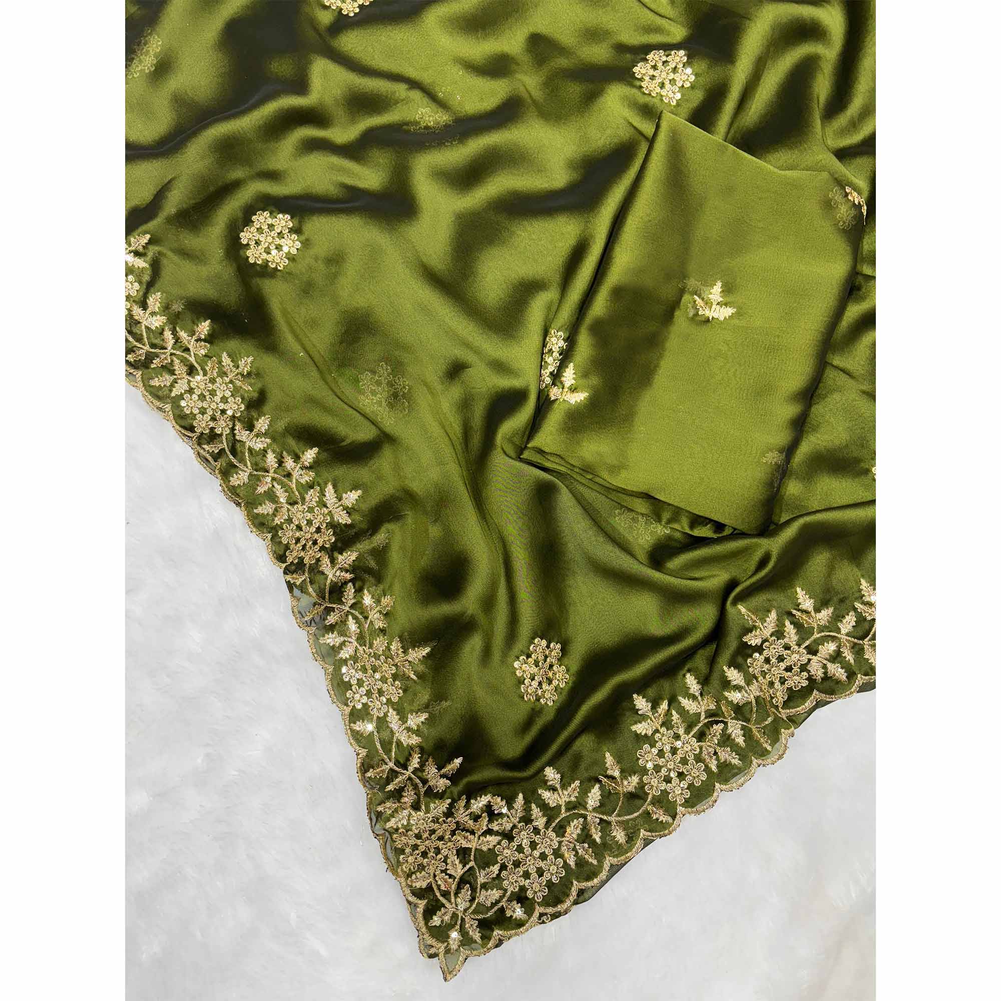 Mehendi Green Satin Saree with Intricate Floral Embroidery