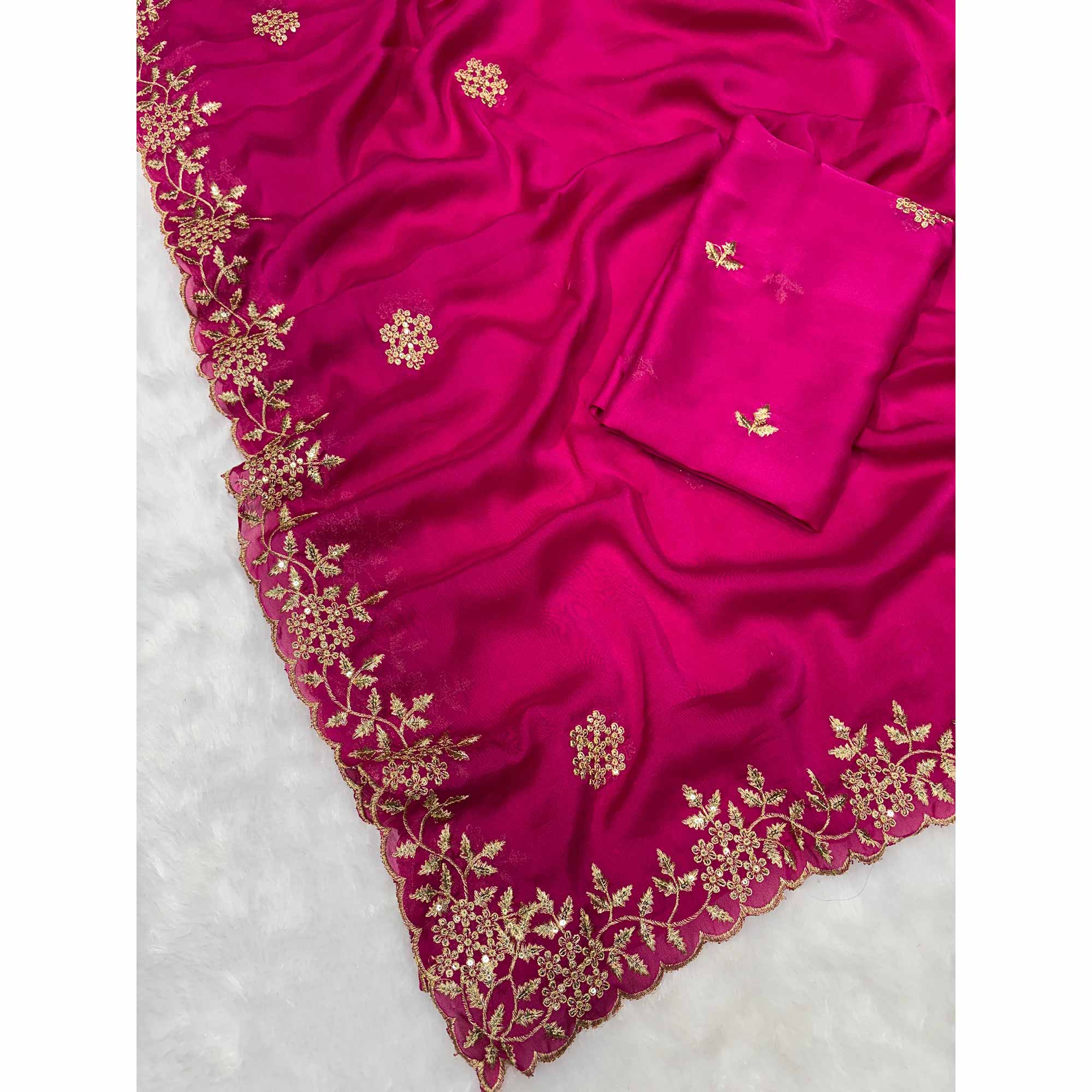 Pink Satin Saree with Intricate Floral Embroidery