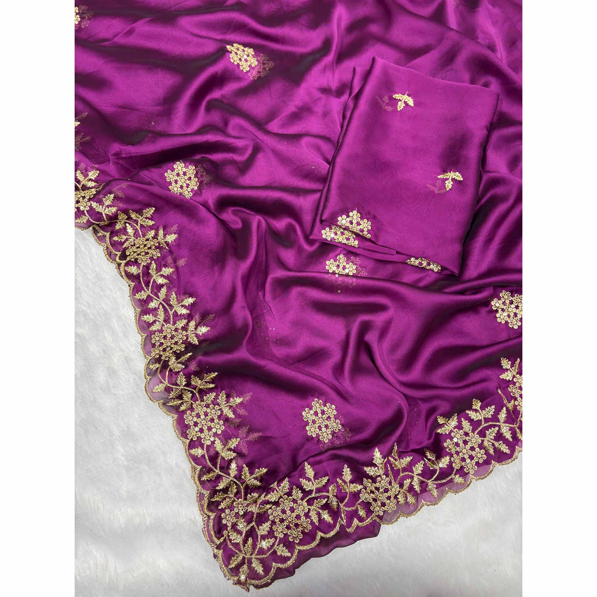 Purple Satin Saree with Intricate Floral Embroidery