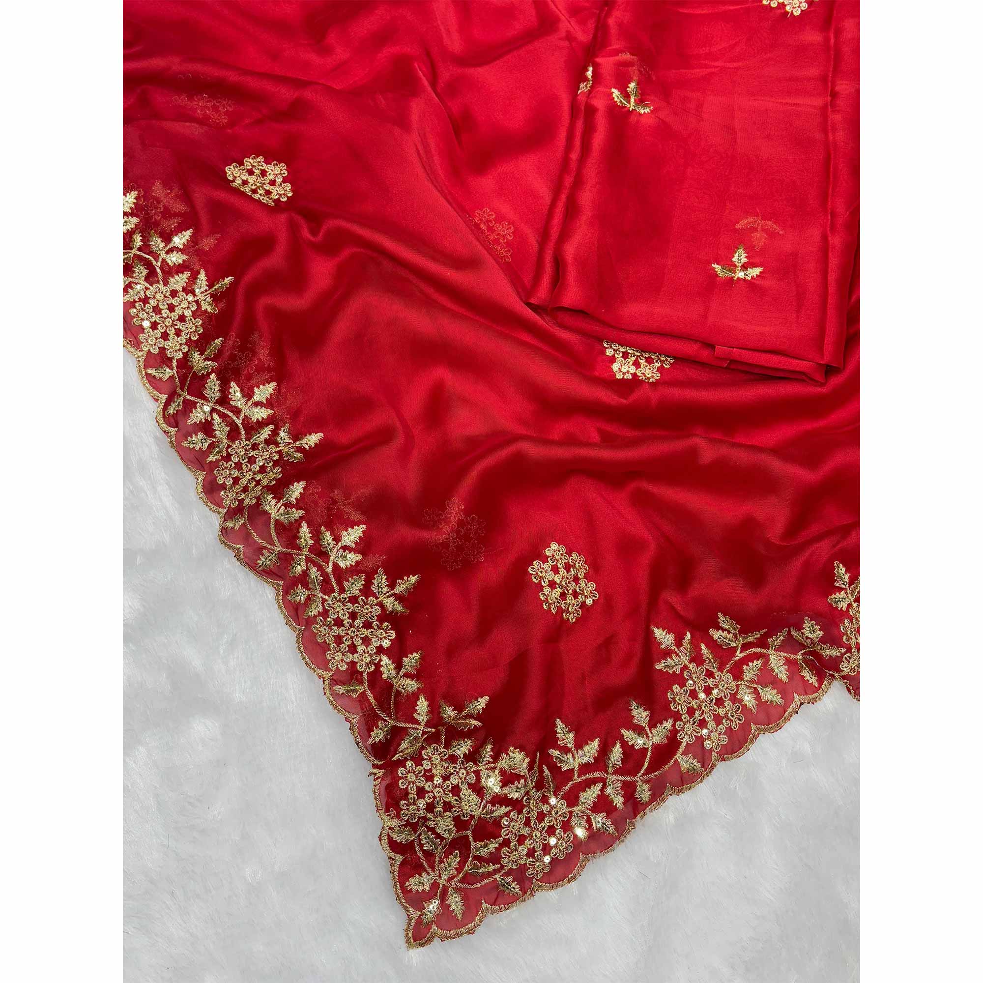 Red Satin Saree with Intricate Floral Embroidery