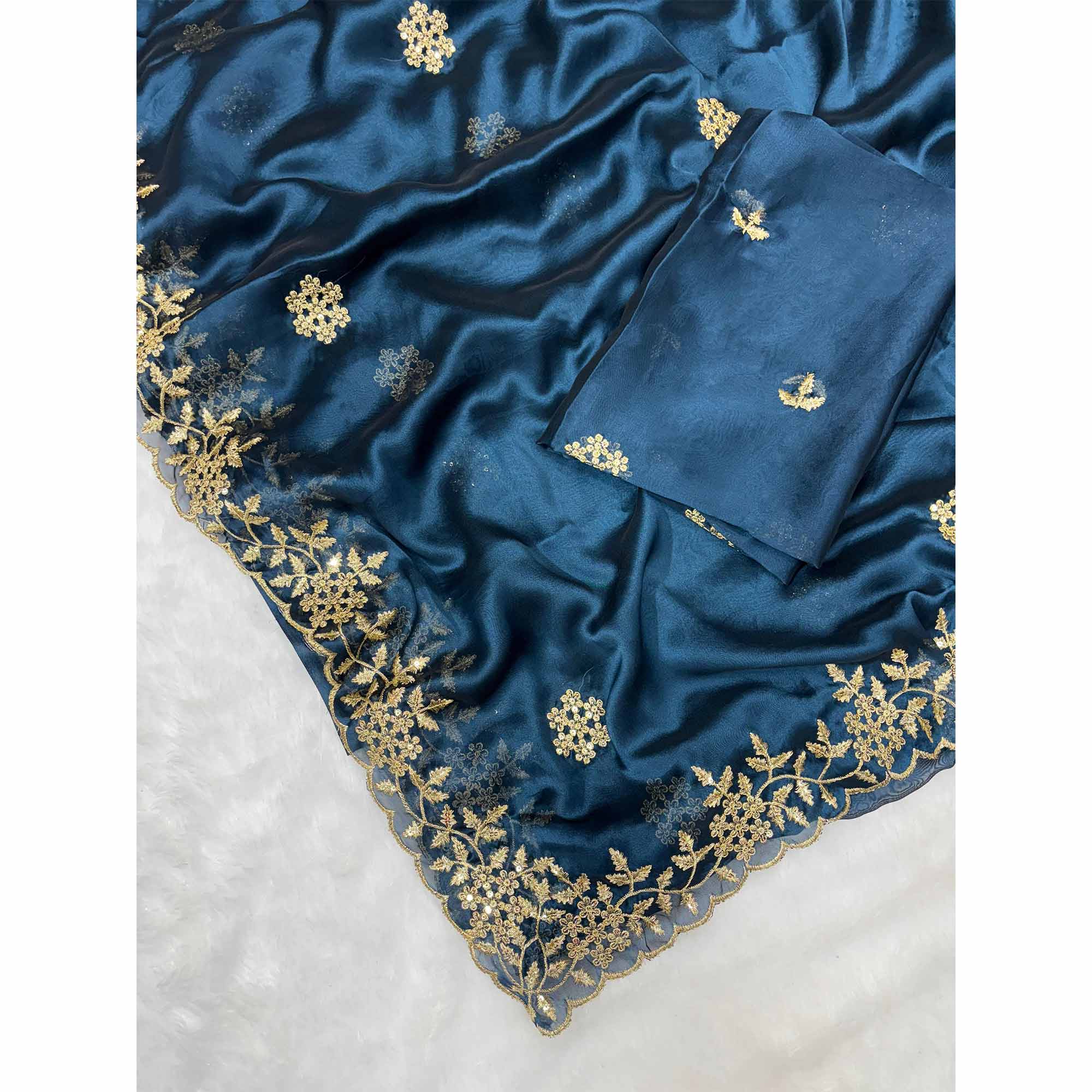 Teal Satin Saree with Intricate Floral Embroidery