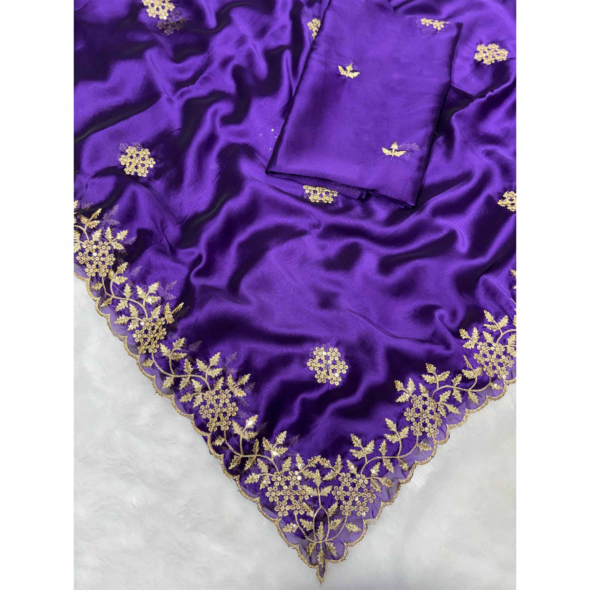 Violet Satin Saree with Intricate Floral Embroidery