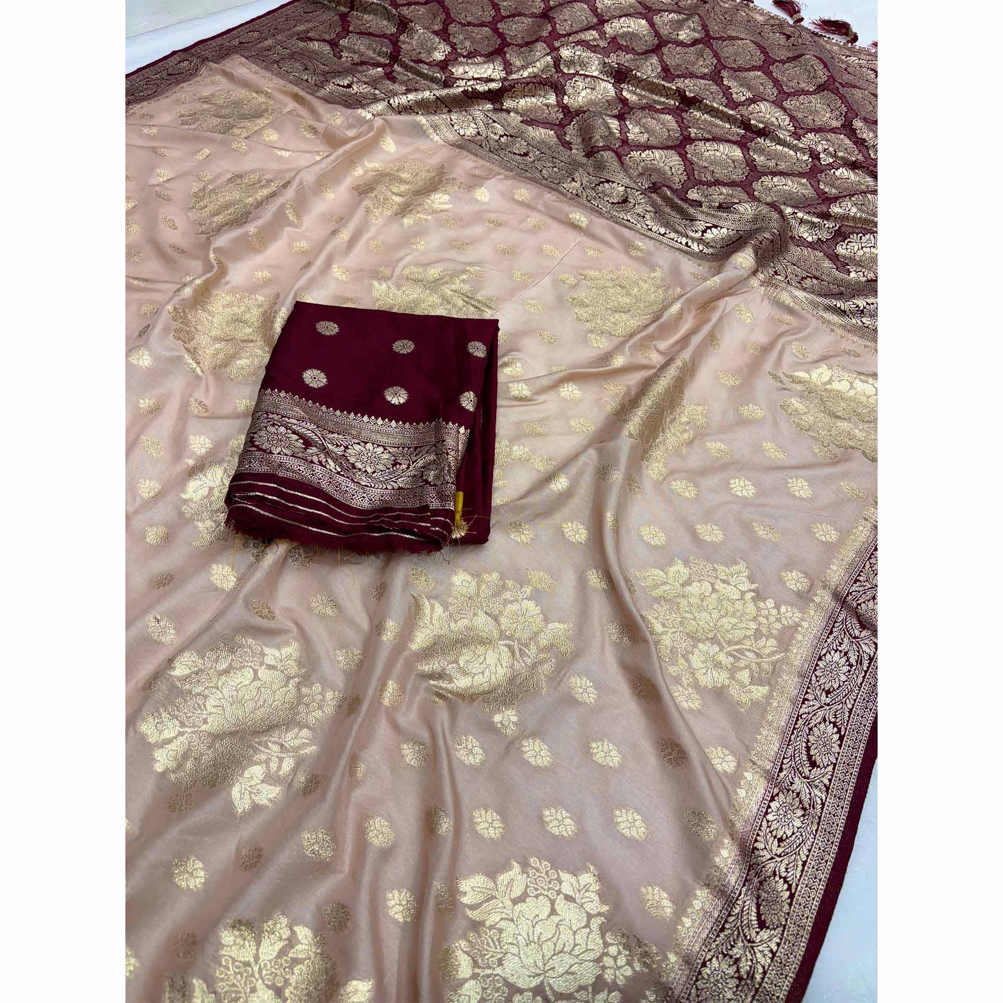 Beige Dola Silk Woven Saree with Allover Zari Butti Design