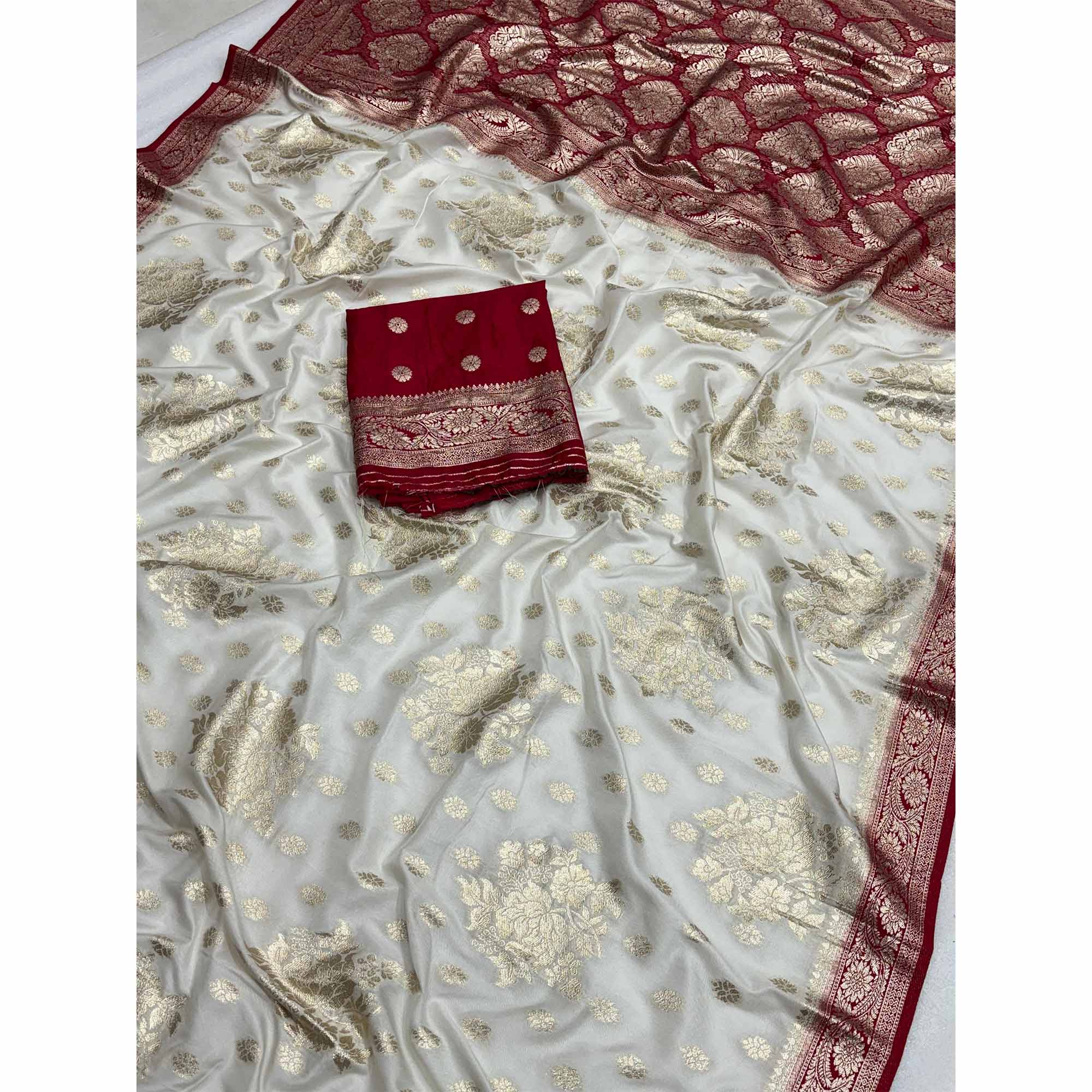 Off White Dola Silk Woven Saree with Allover Zari Butti Design