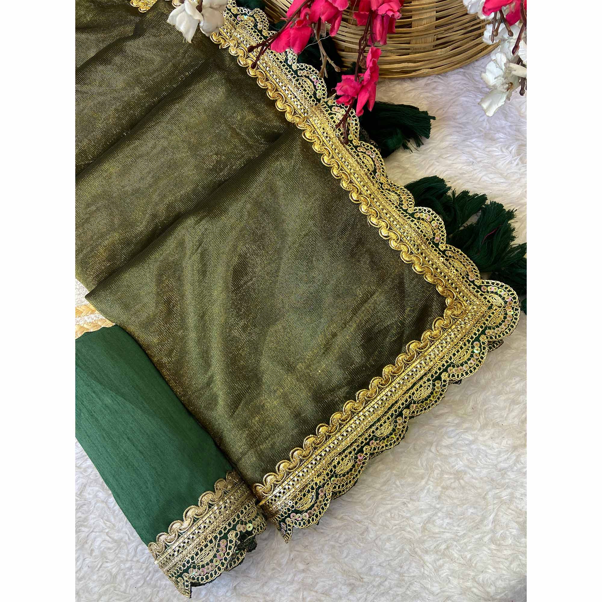 Mehendi Green Net Saree With Intricate Sequin Embroidery & Tassel Embellished Pallu