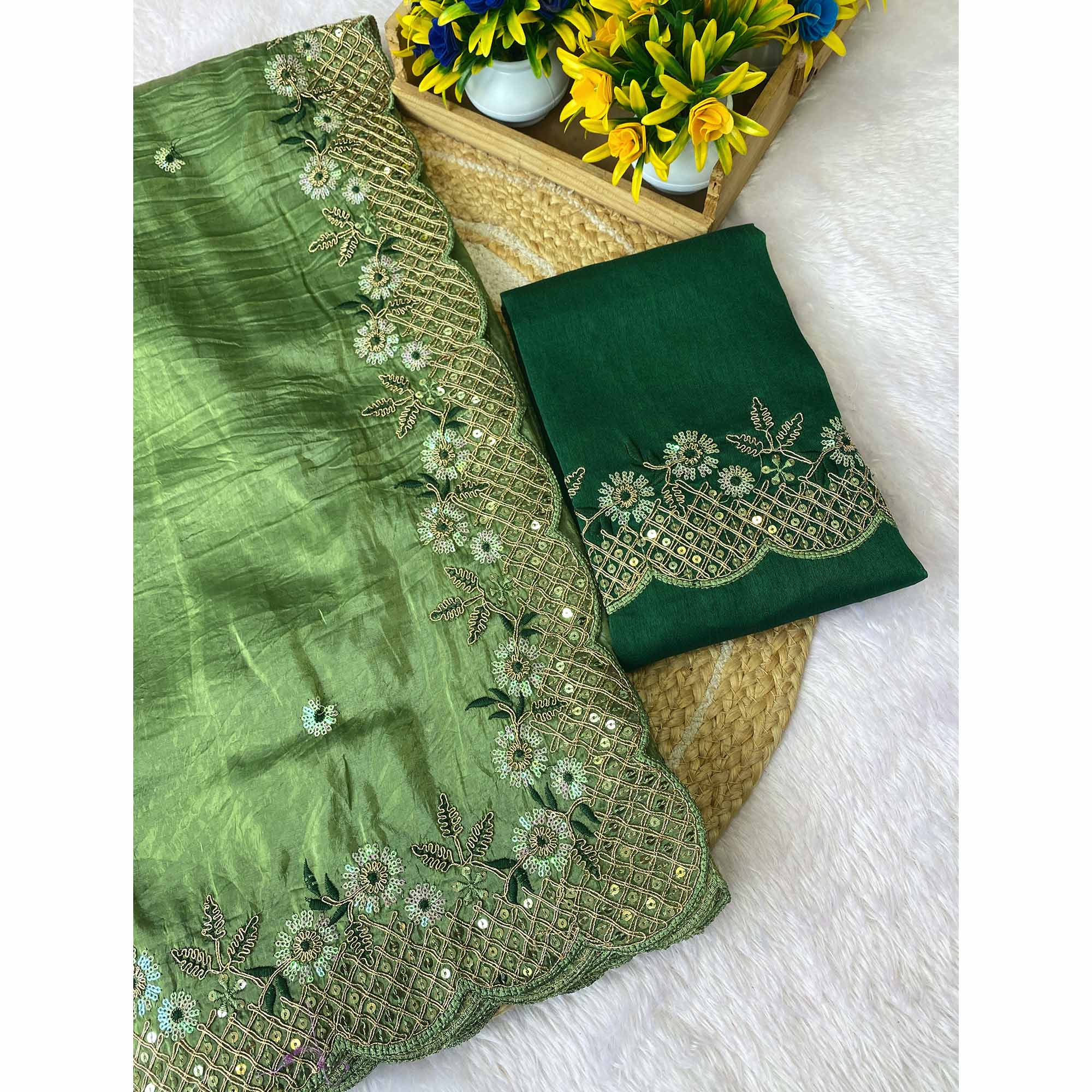 Green Saree in Tissue Fabric with Feminine Floral Embroidery