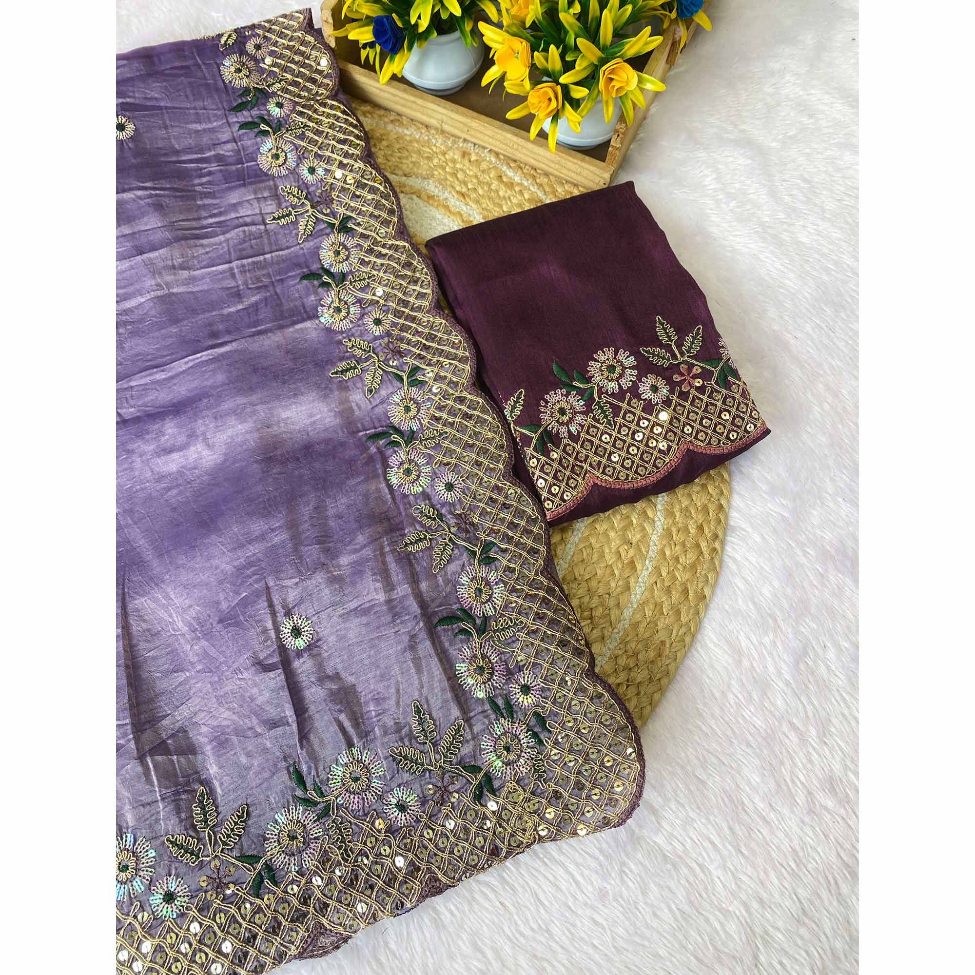 Lavender Saree in Tissue Fabric with Feminine Floral Embroidery