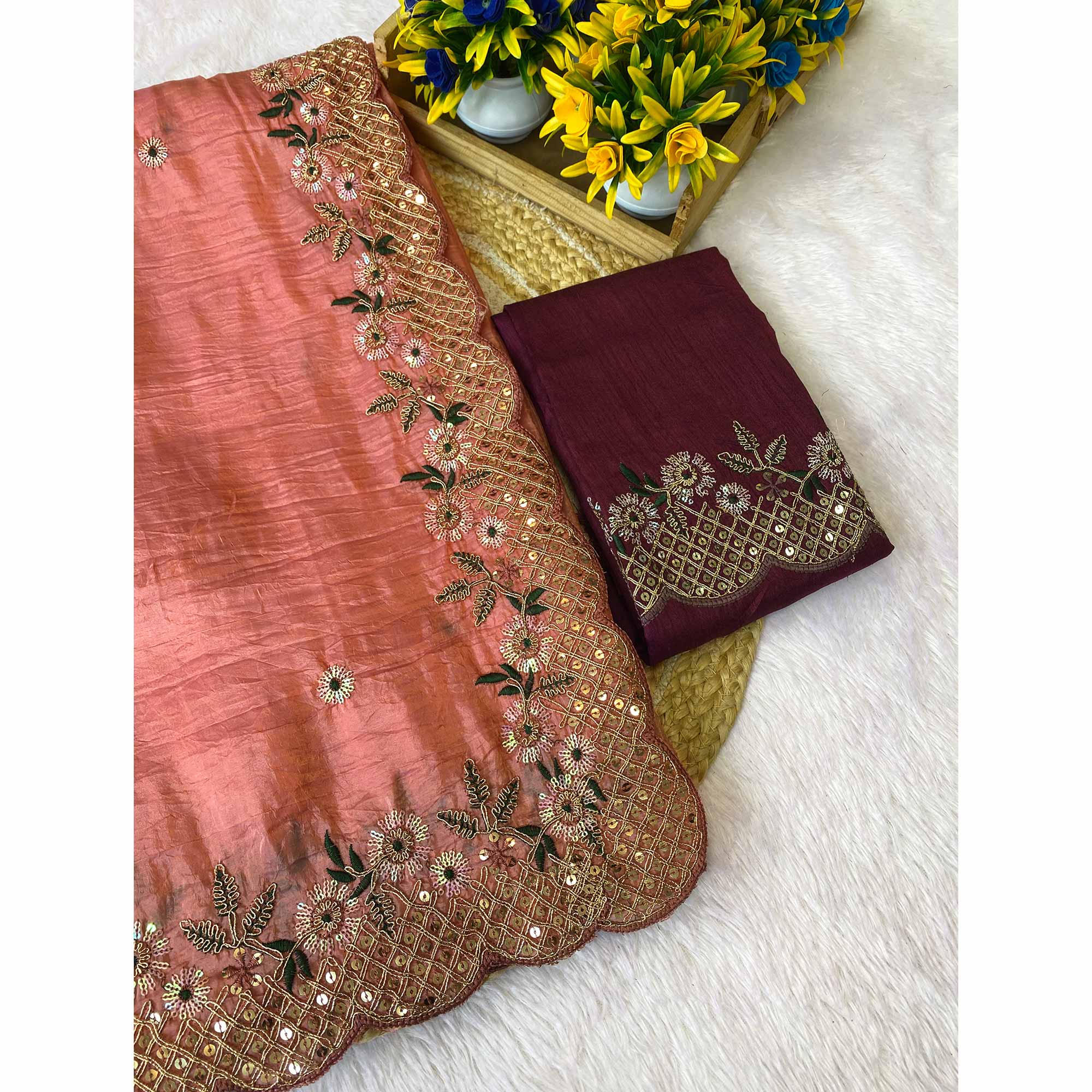Peach Saree in Tissue Fabric with Feminine Floral Embroidery