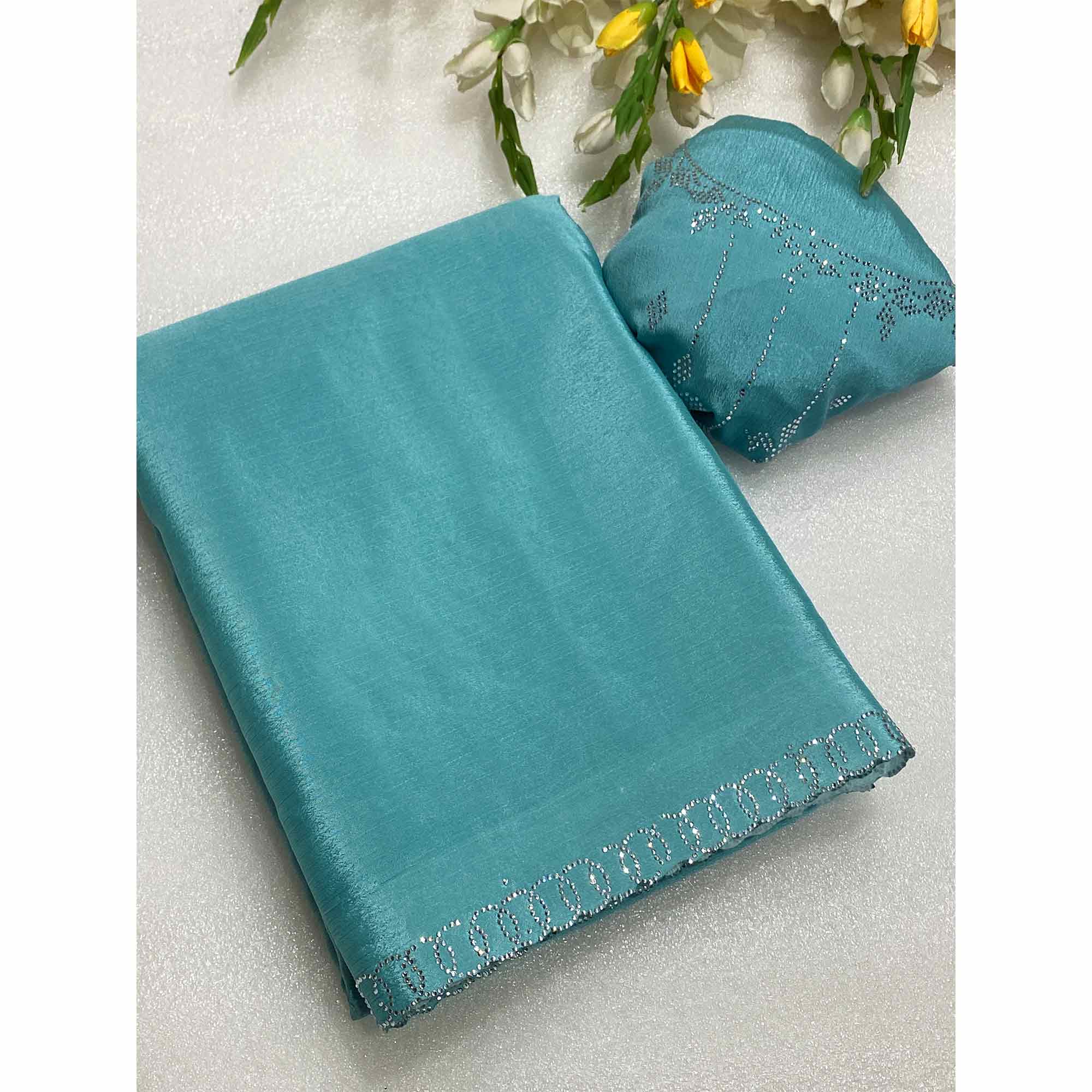Blue Embellished Silk Blend Saree Featuring Fine Swarovski Stone Detailing