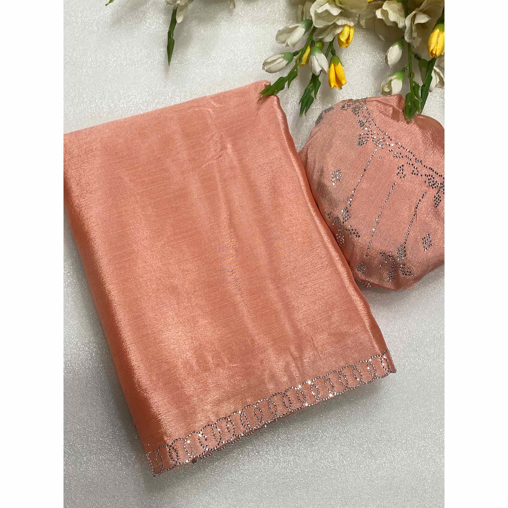 Peach Embellished Silk Blend Saree Featuring Fine Swarovski Stone Detailing