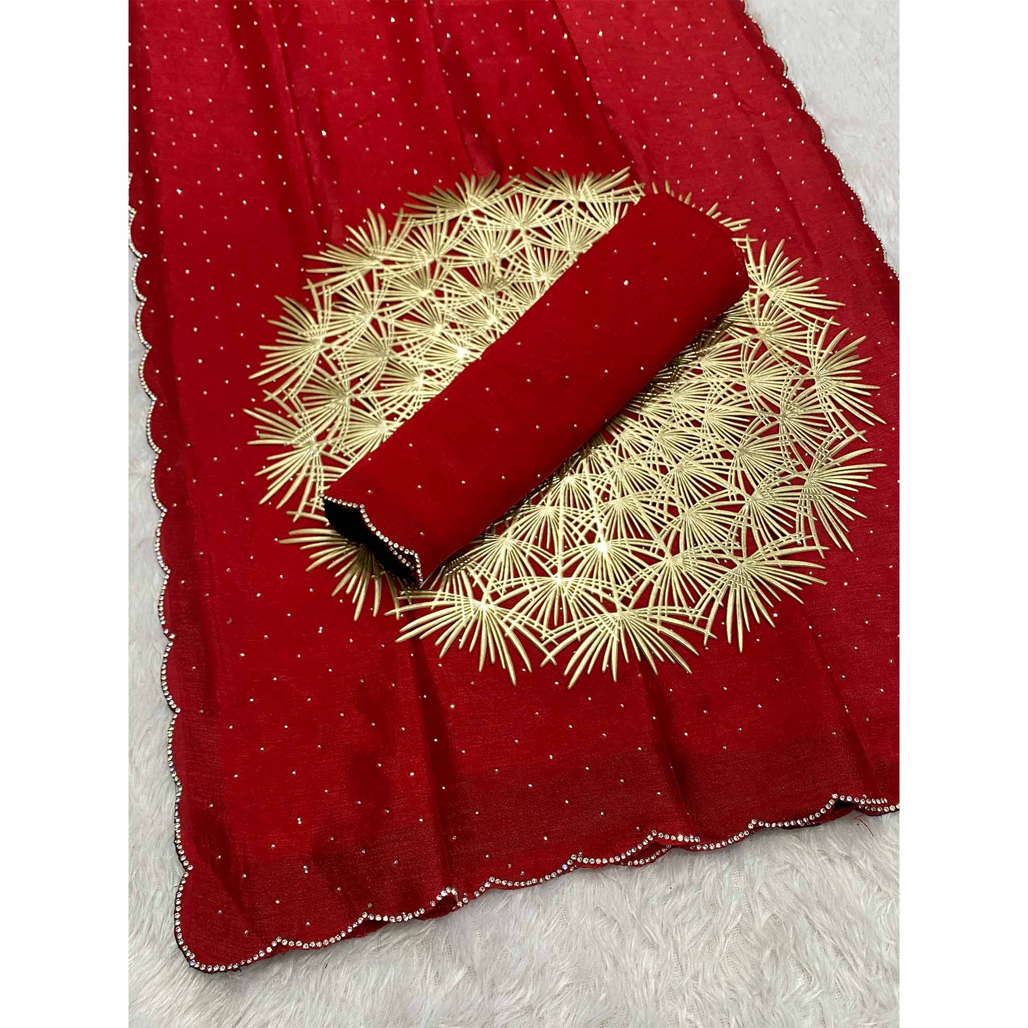 Red Vichitra Silk Saree Accented with Stone Embellishments