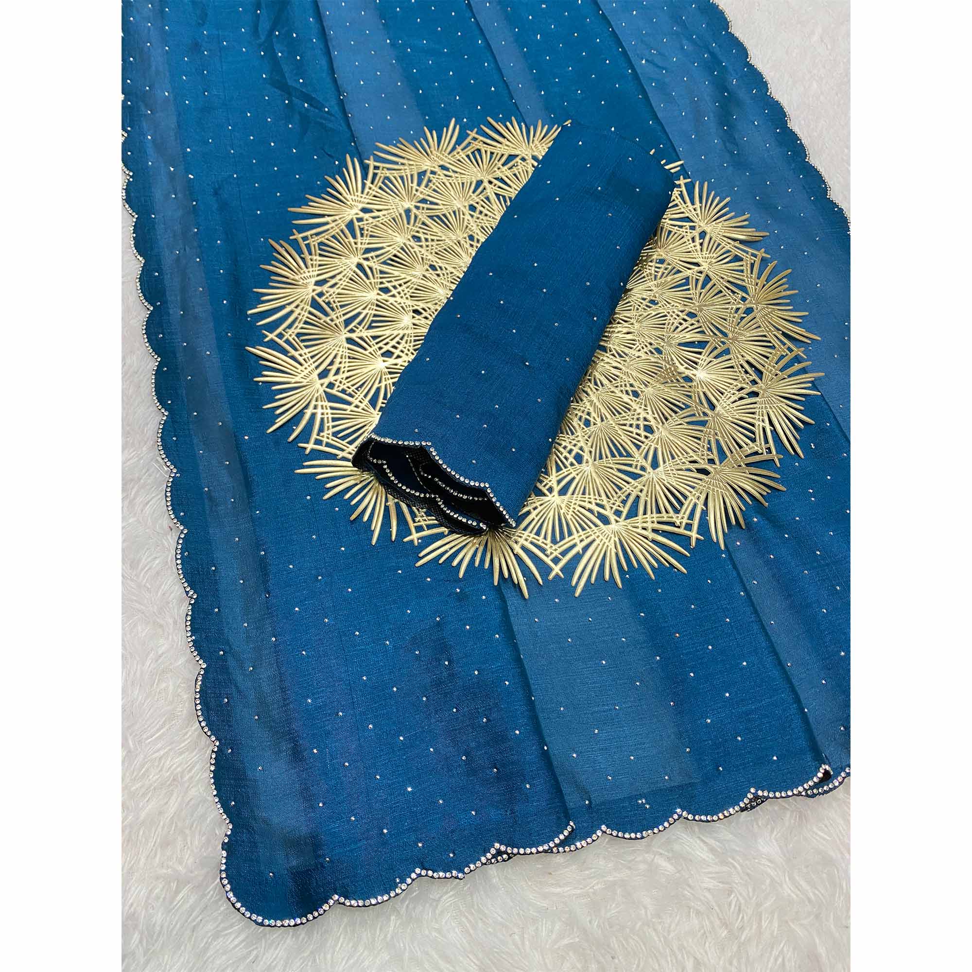 Teal Vichitra Silk Saree Accented with Stone Embellishments