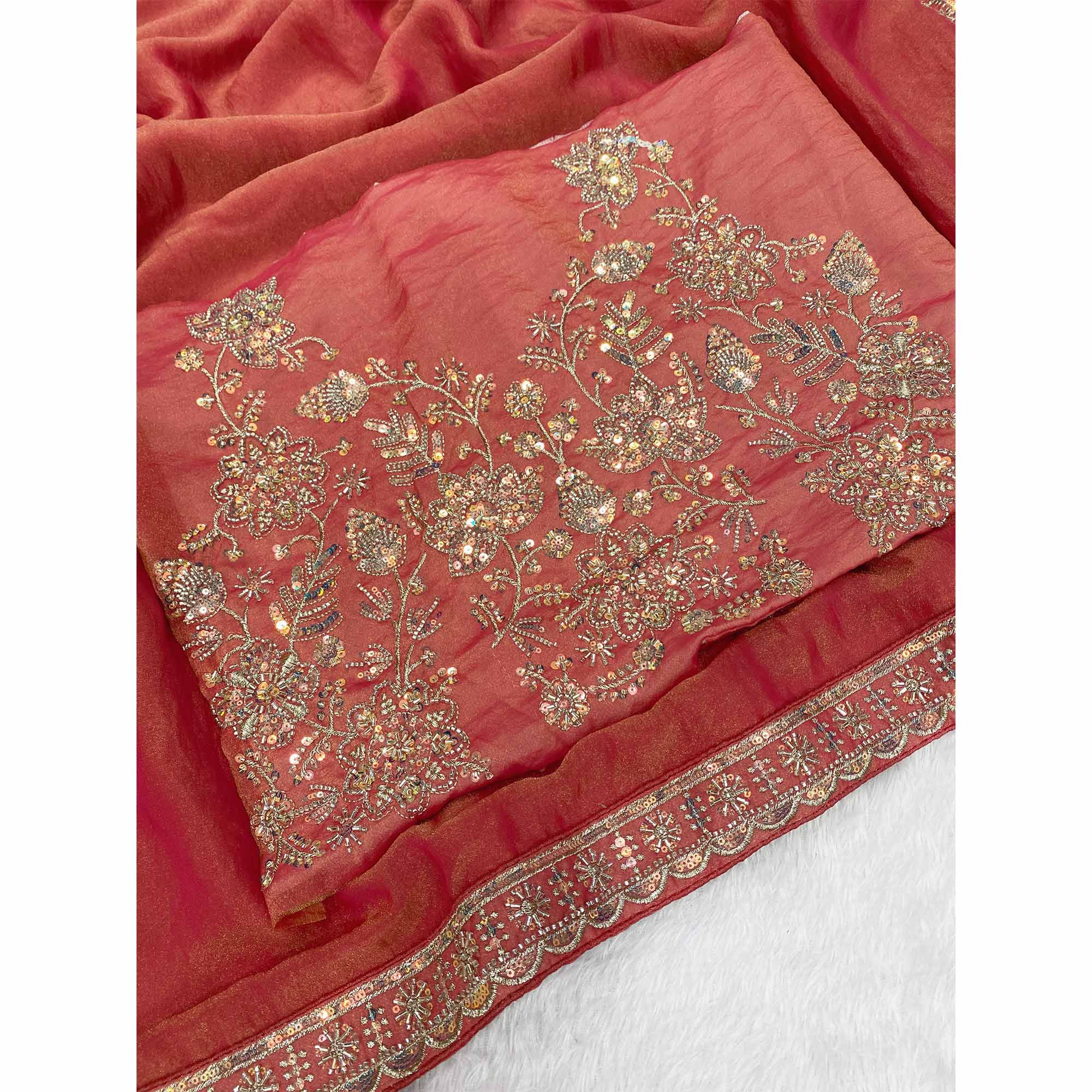 Designer Gajri Pink Satin Saree Featuring Stone & Embroidery Work