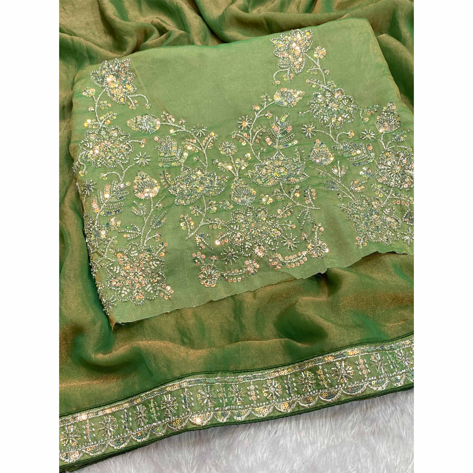 Designer Green Satin Saree Featuring Stone & Embroidery Work
