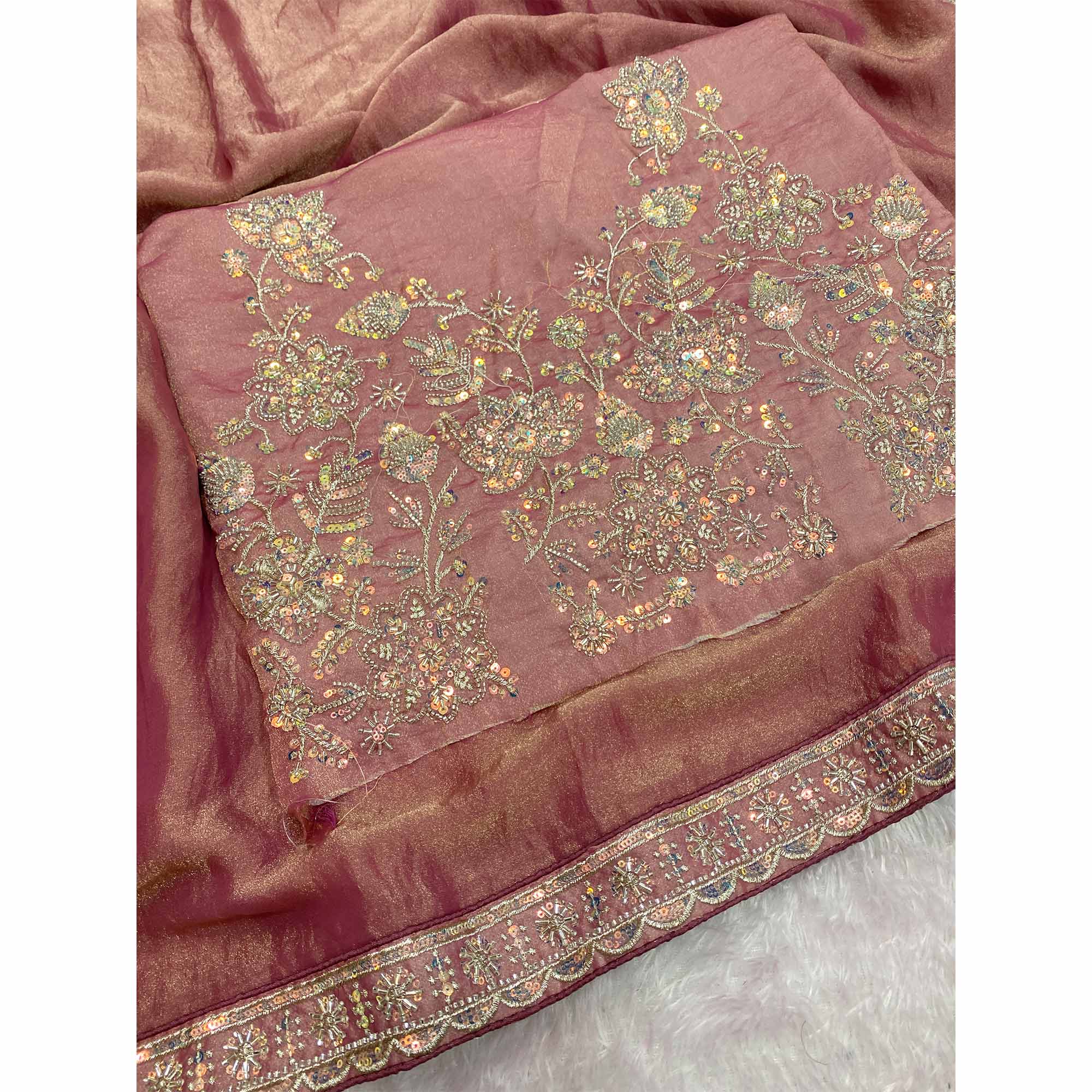 Designer Muted Mauve Satin Saree Featuring Stone & Embroidery Work