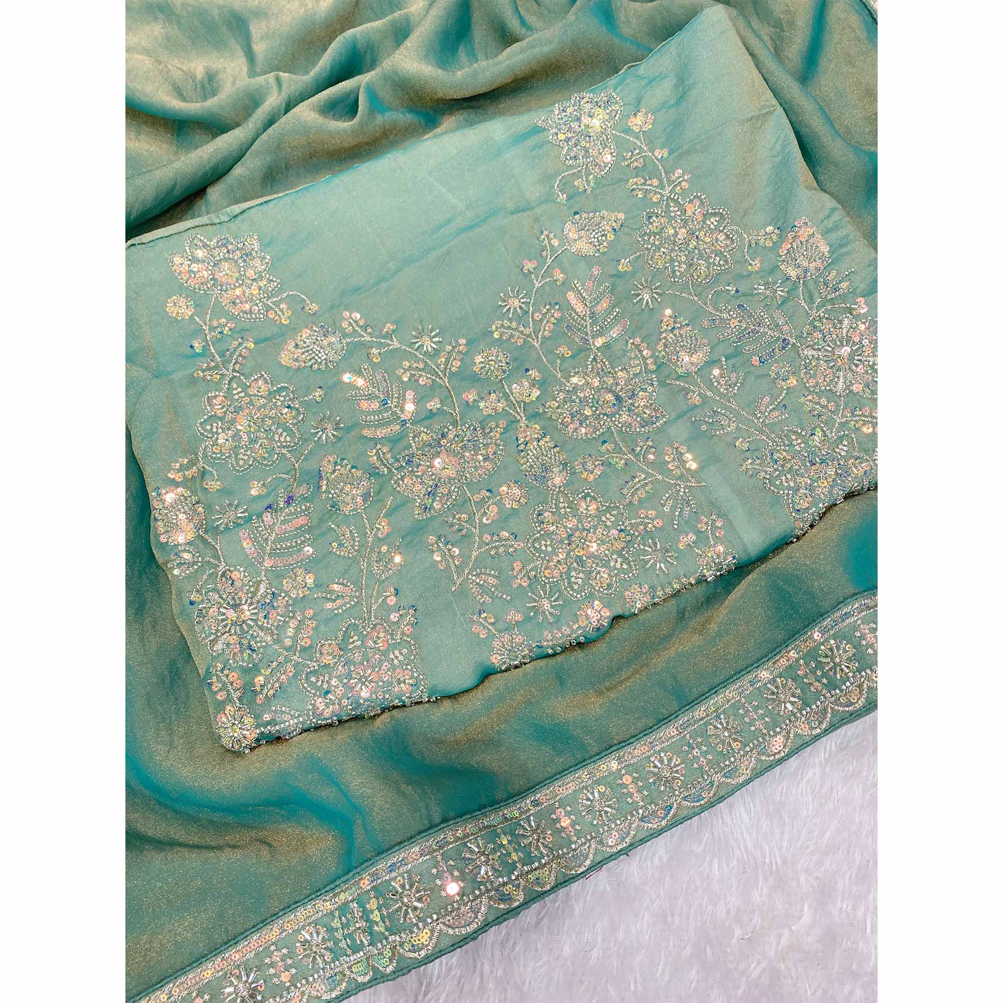 Designer Sea Green Satin Saree Featuring Stone & Embroidery Work