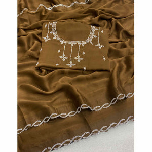 Olive Brown Embellished Chiffon Saree with Sparkling Swarovski Details