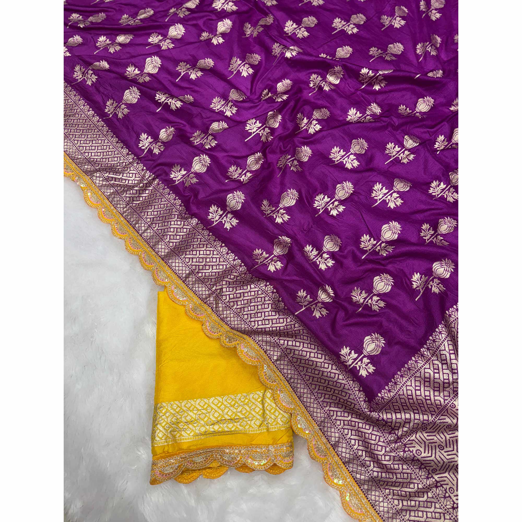 Regal Dola Silk Saree in Royal Purple Featuring Floral Weaves