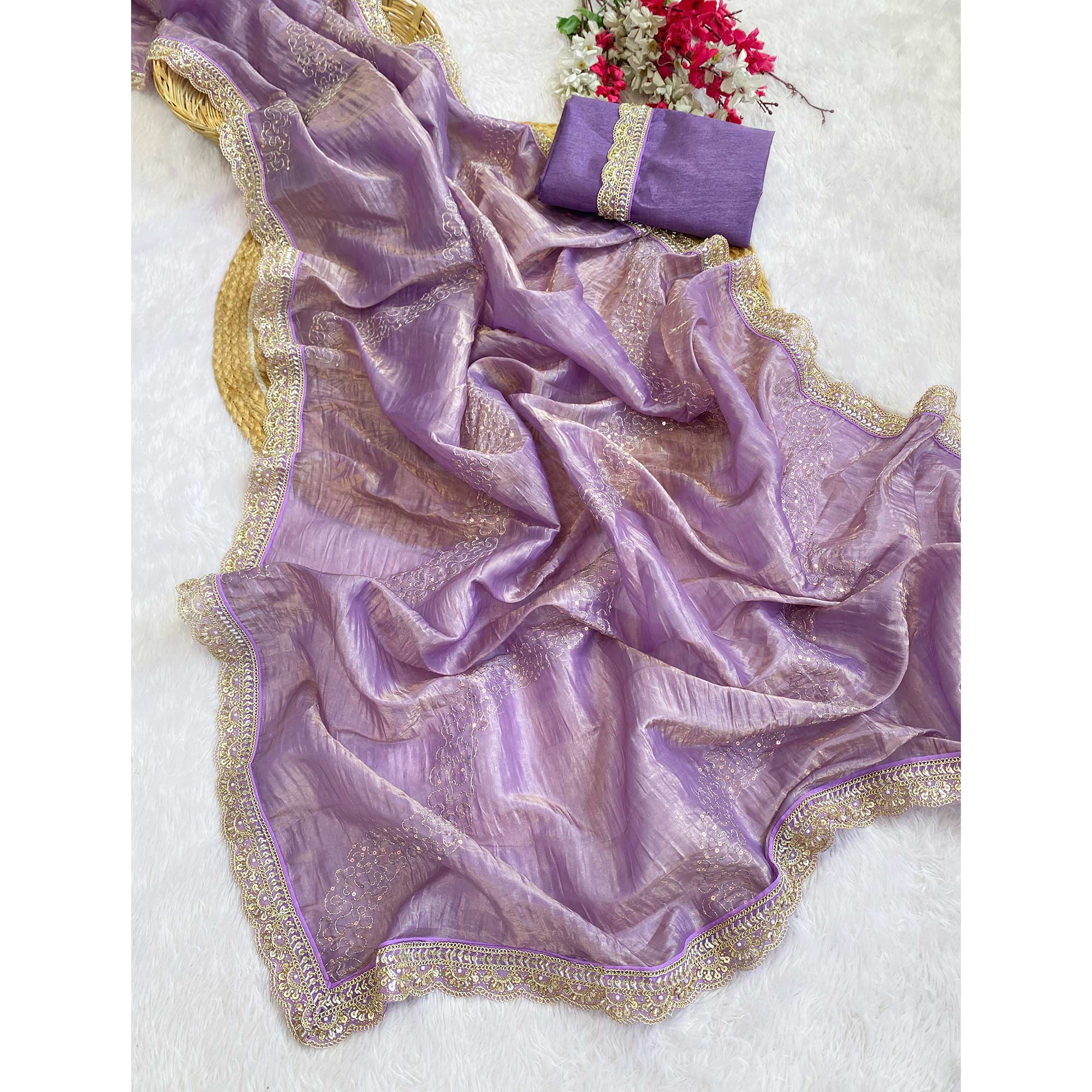 Lavender Tissue Saree Adorned with Elegant Sequins Embroidery