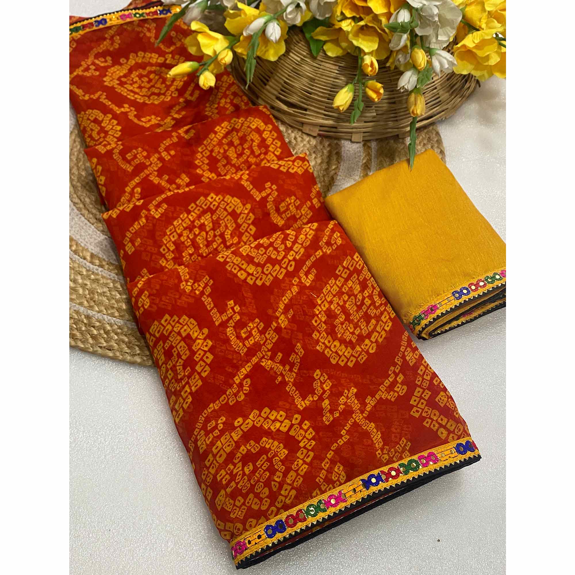 Orange Bandhej Printed Georgette Saree with Flowy Drape