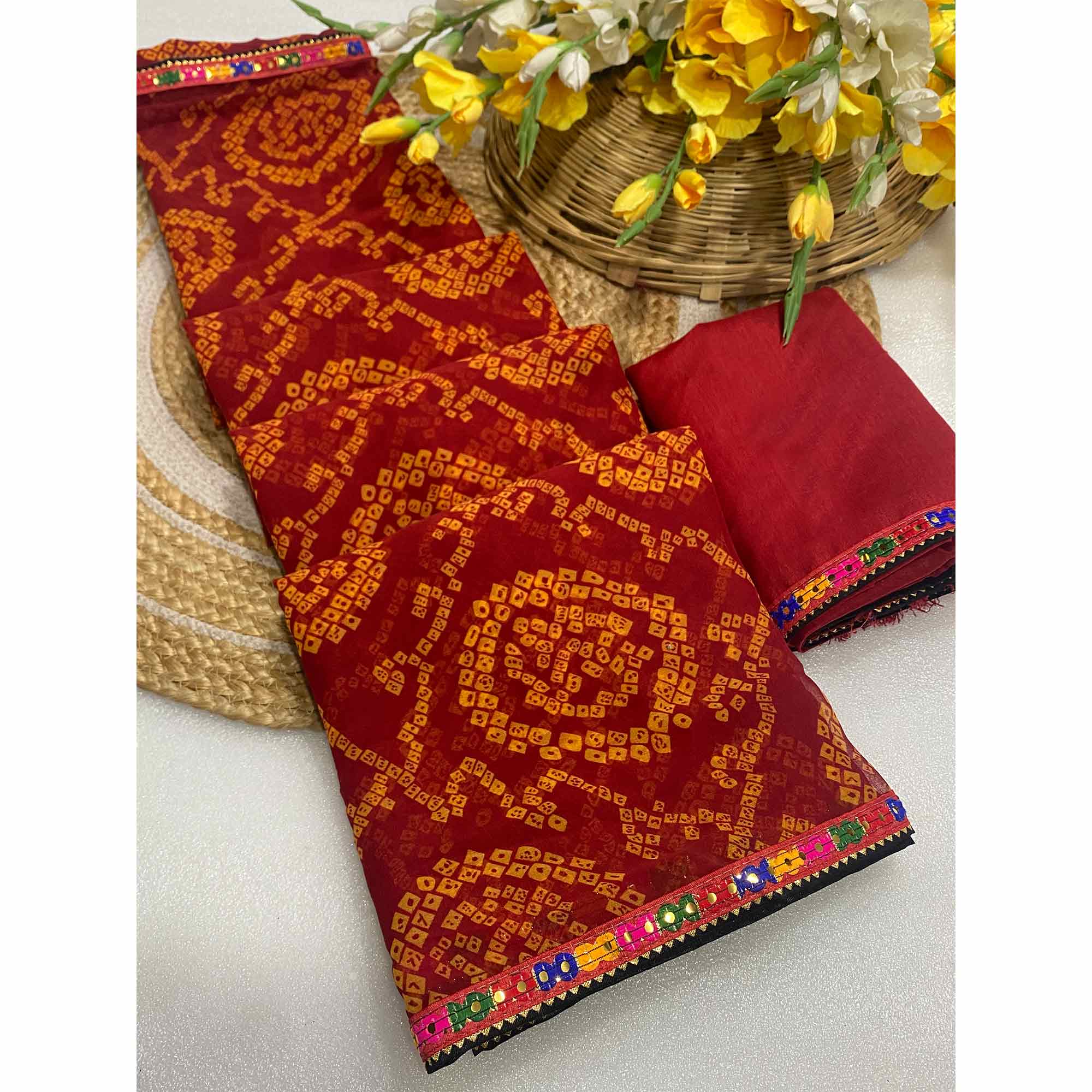 Red Bandhej Printed Georgette Saree with Flowy Drape