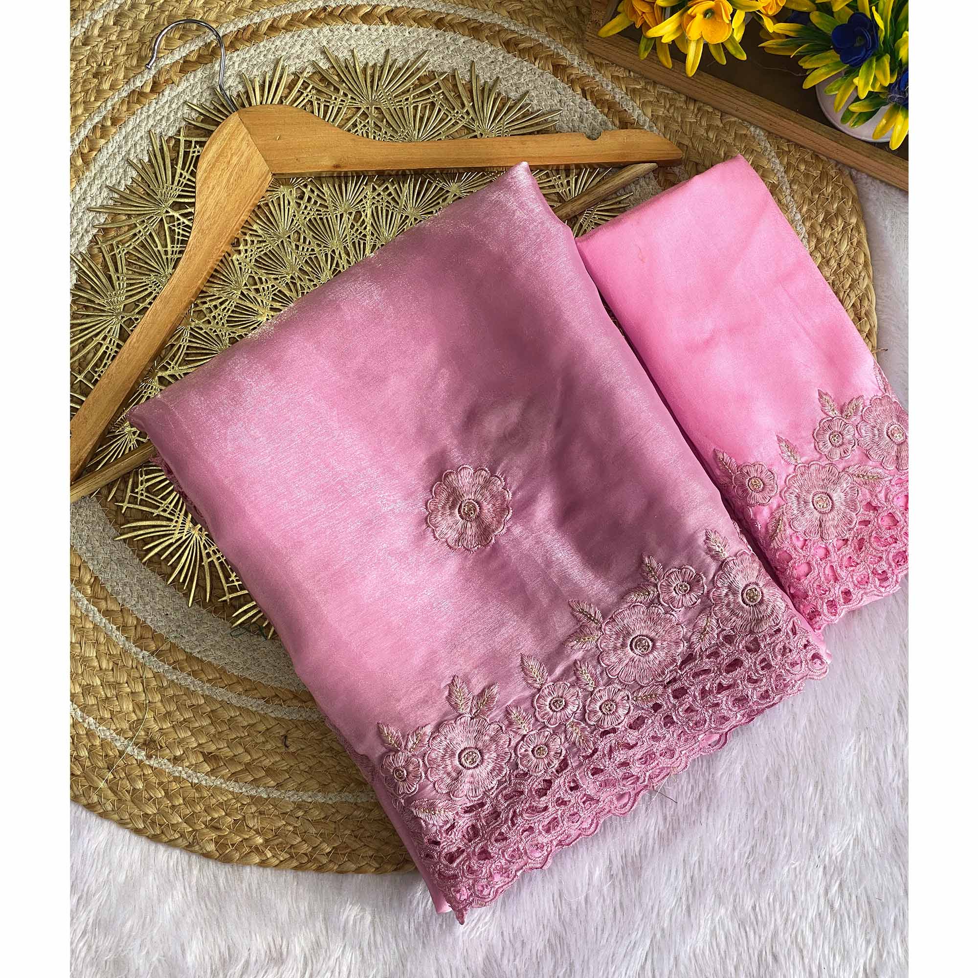 Pink Grace In Satin Jimmy Choo Fabric With Intricate Floral Thread Embroidery