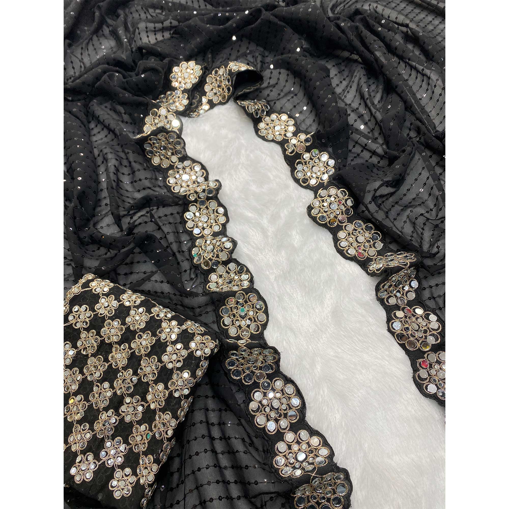 Stunning Black Georgette Party Wear Saree Adorned with Heavy Sequins Embellishment