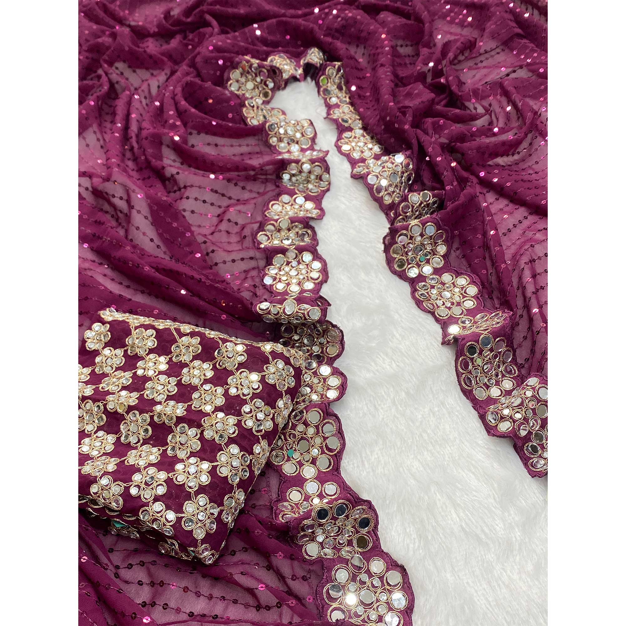 Stunning Wine Georgette Party Wear Saree Adorned with Heavy Sequins Embellishment