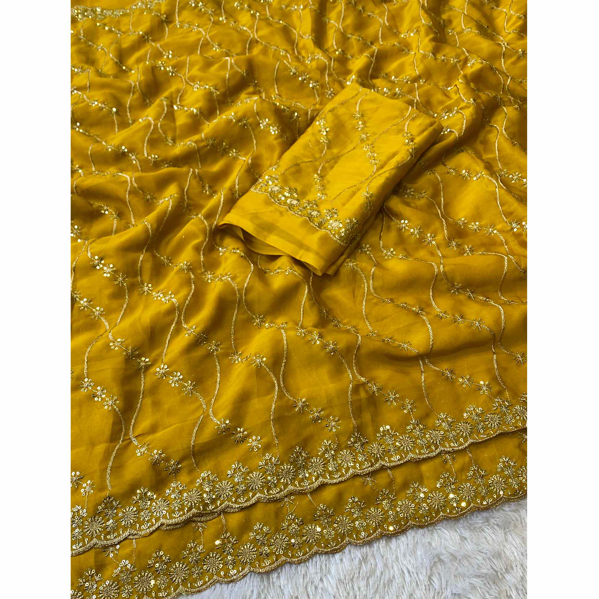 Mustard Silk Blend Saree with Intricate Thread Embroidery