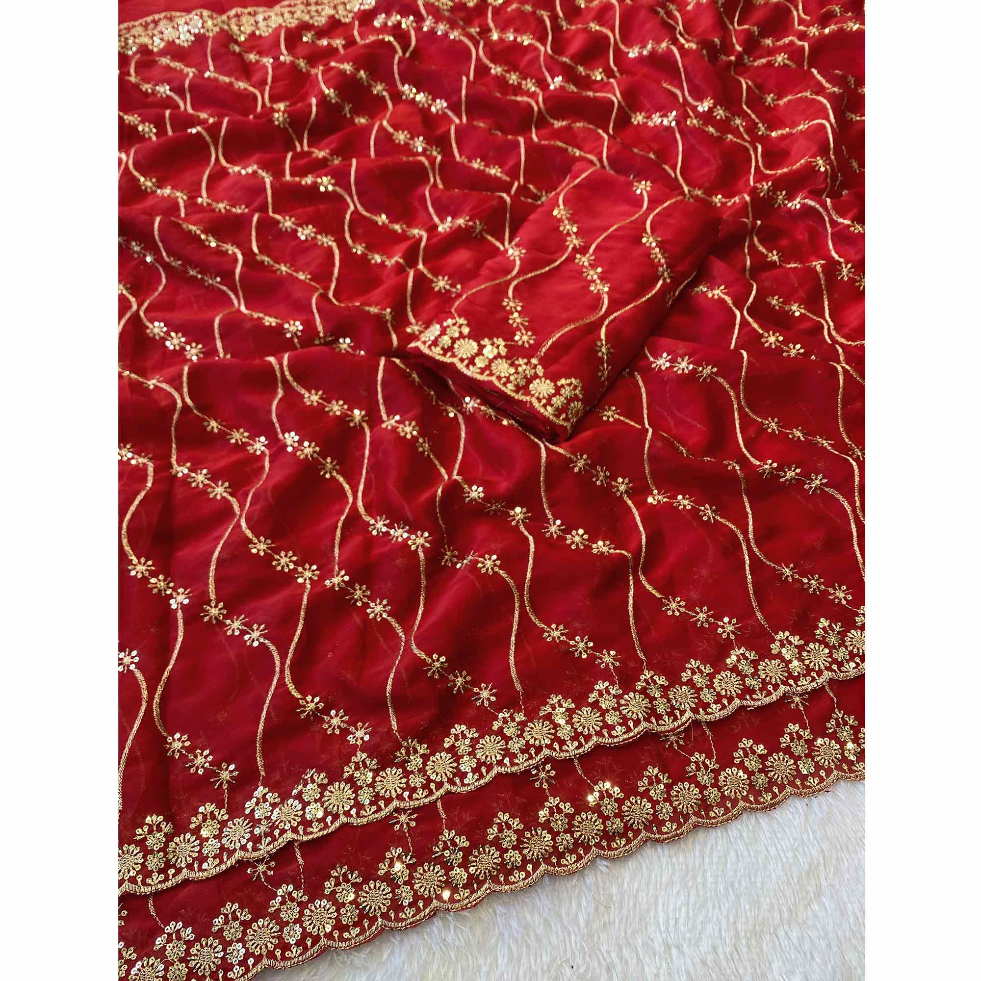 Red Silk Blend Saree with Intricate Thread Embroidery