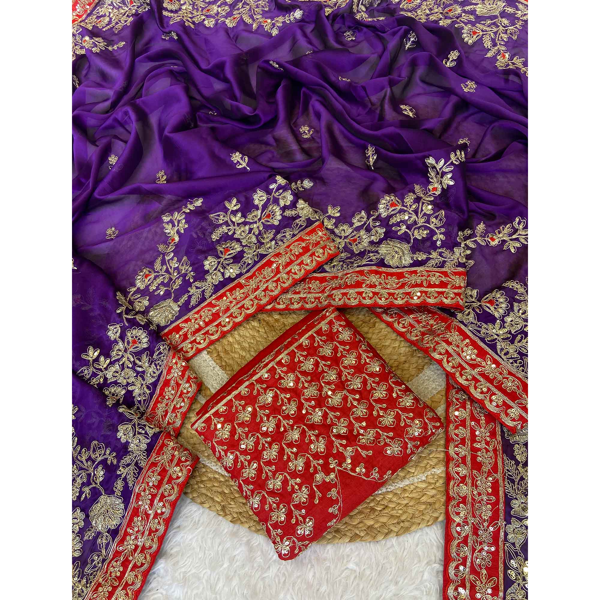 Designer Violet Embroidered Satin Saree with Fine Thread Detailing