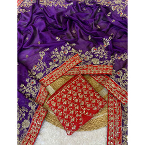Designer Violet Embroidered Satin Saree with Fine Thread Detailing