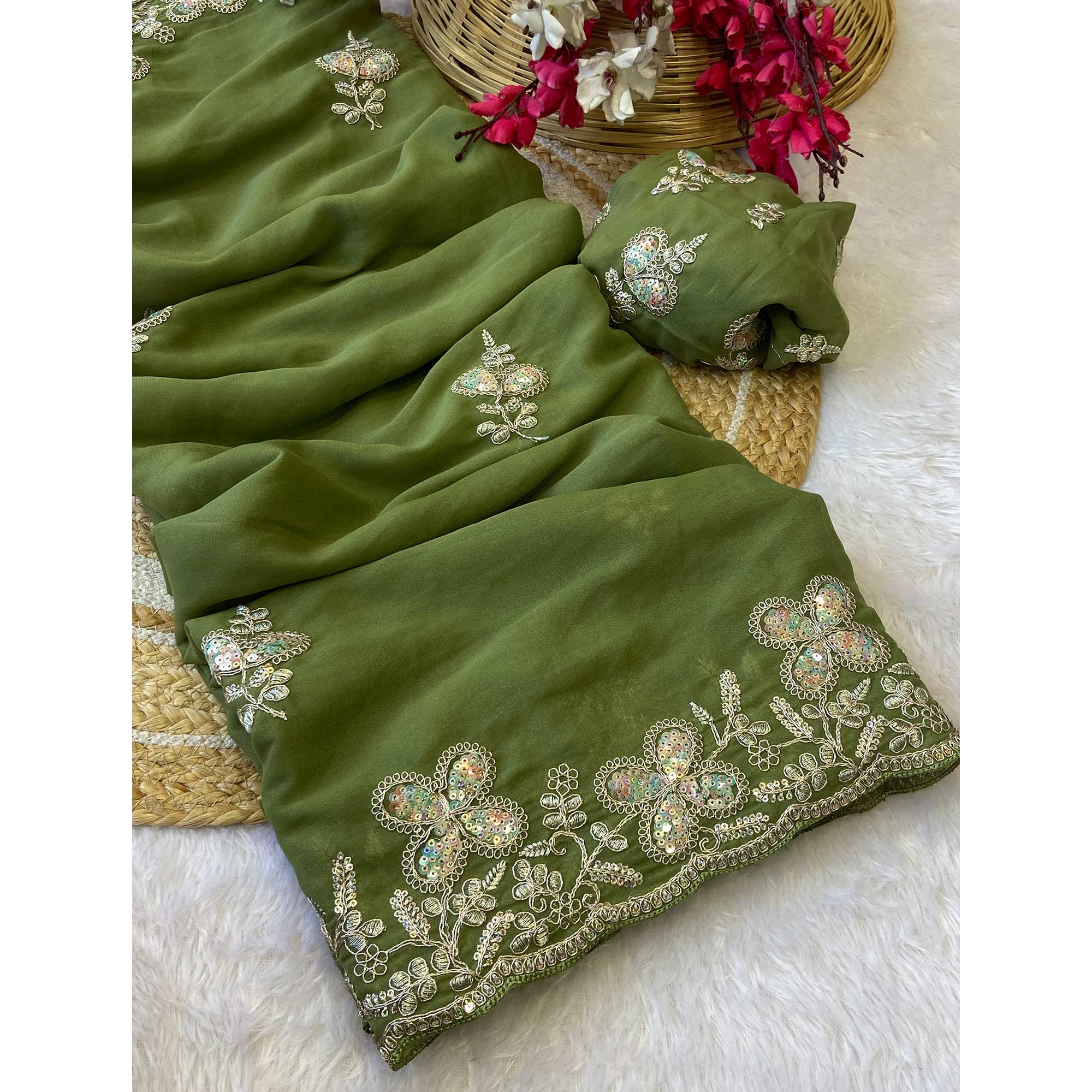 Heavy Thread Embroidered Green Georgette Saree for Party Wears