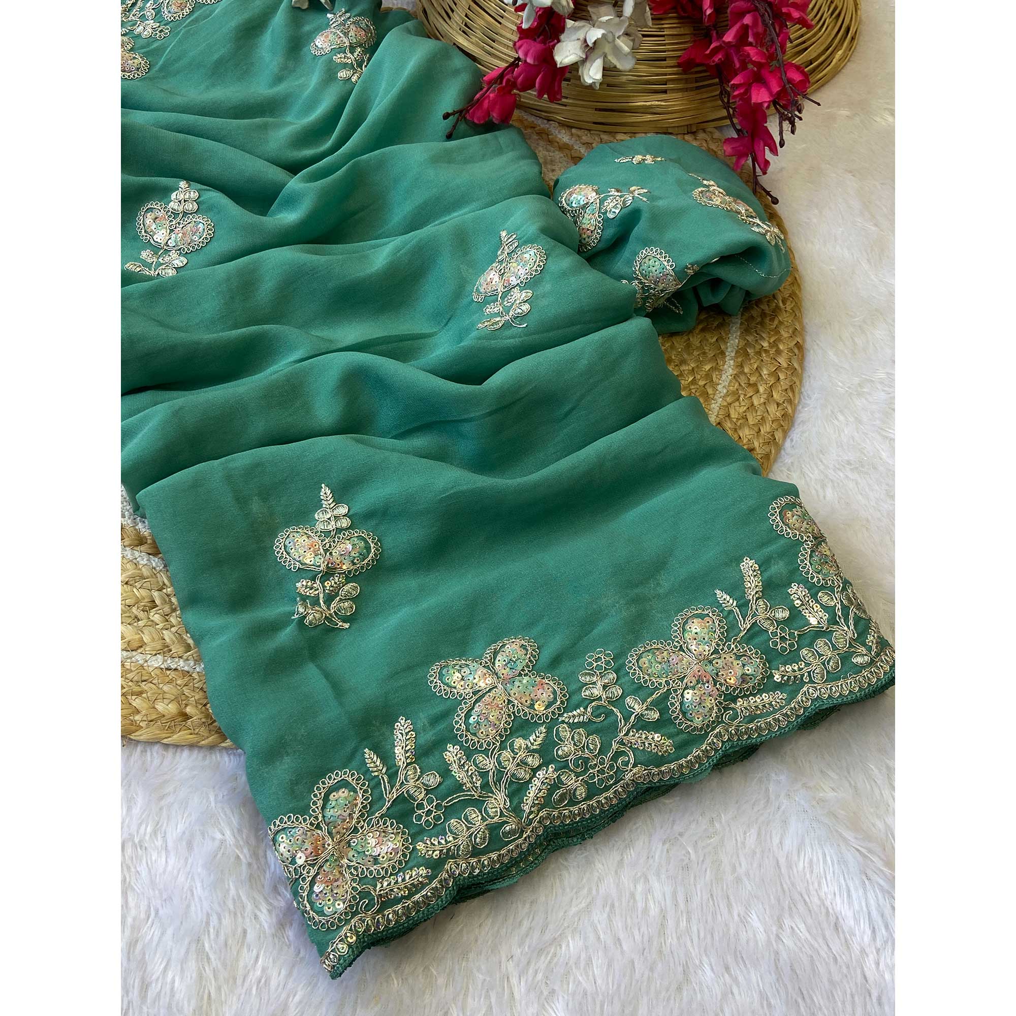 Heavy Thread Embroidered Sea Green Georgette Saree for Party Wears