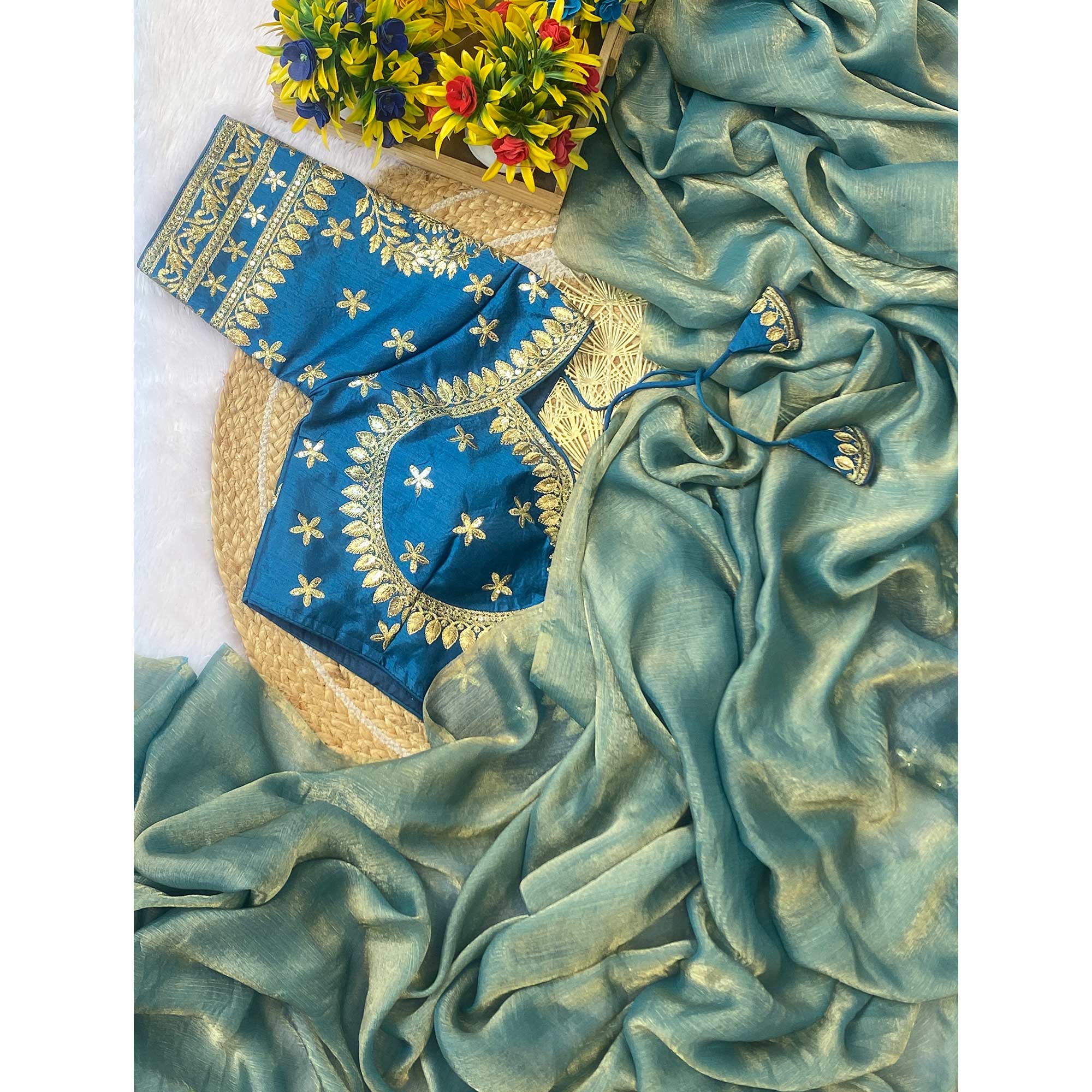 Shimmering Satin Saree with Two-Tone Sea Green Hues