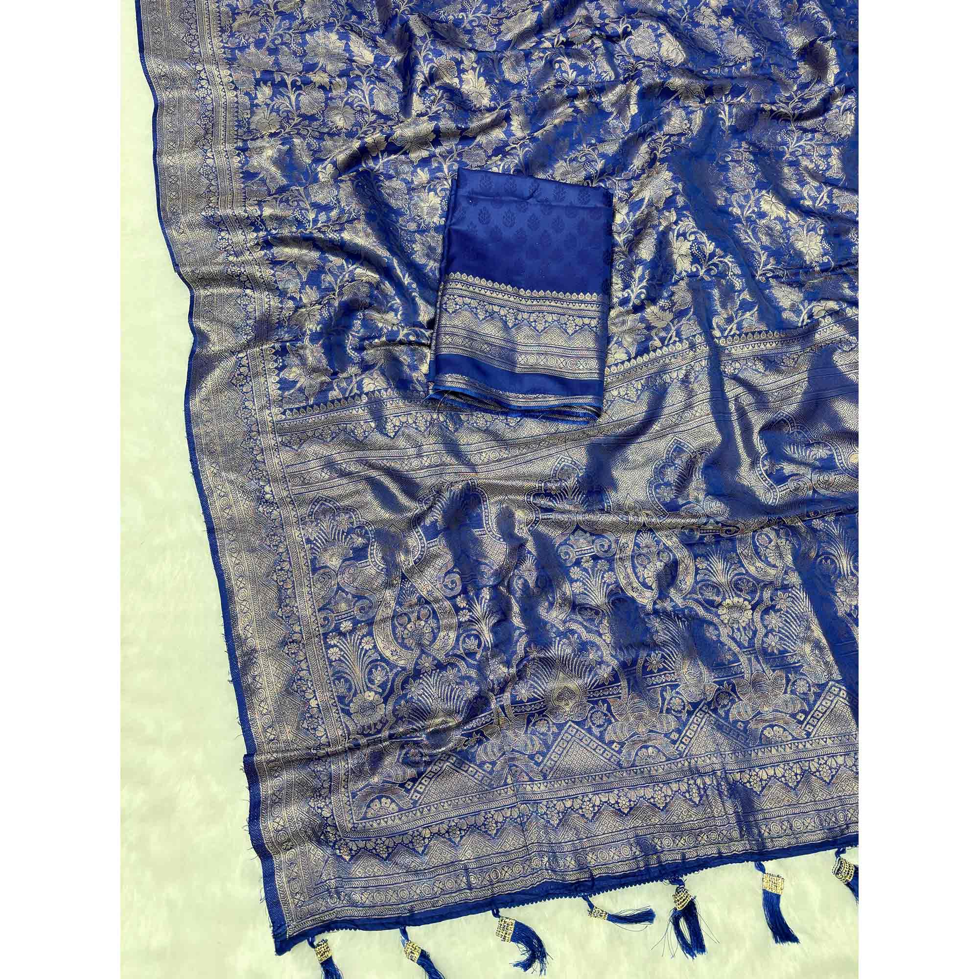 Blue Floral Woven Saree in Premium Pure Silk