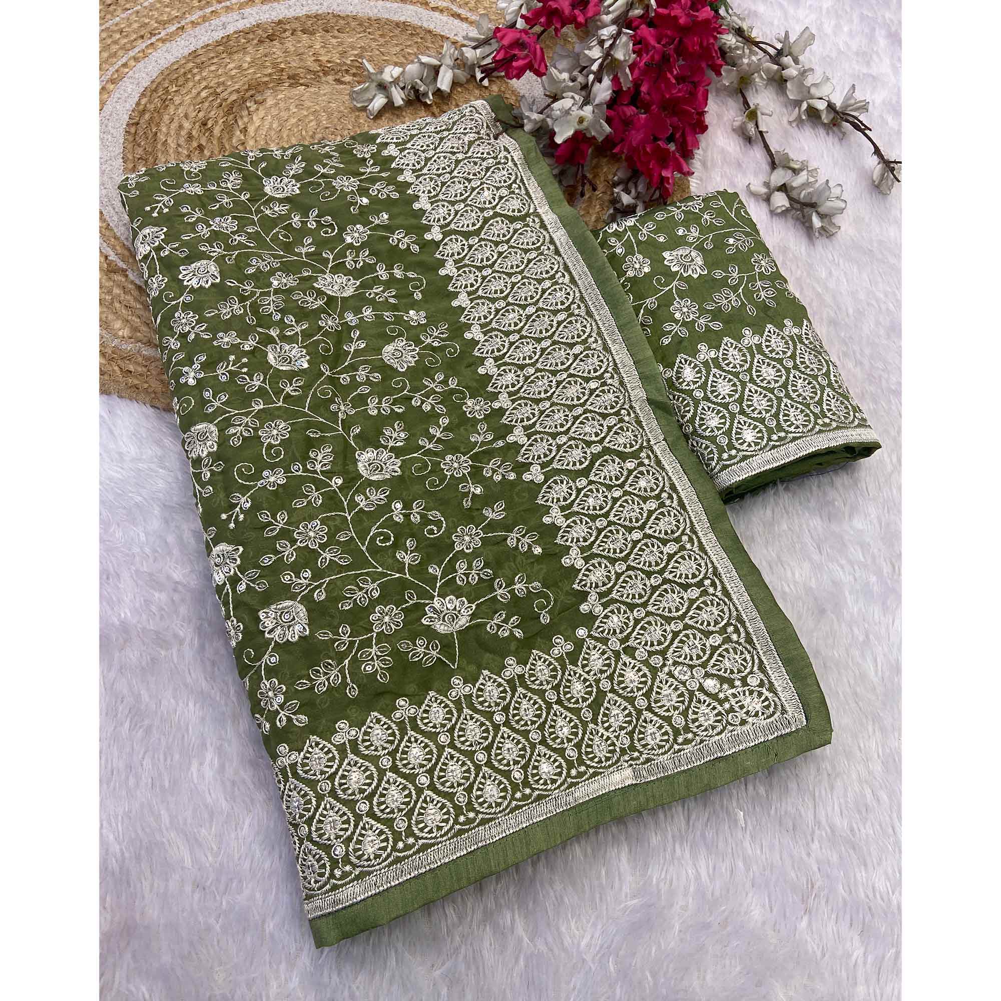 Green Georgette Saree With Sparkling Sequins & Delicate Floral Embroidery