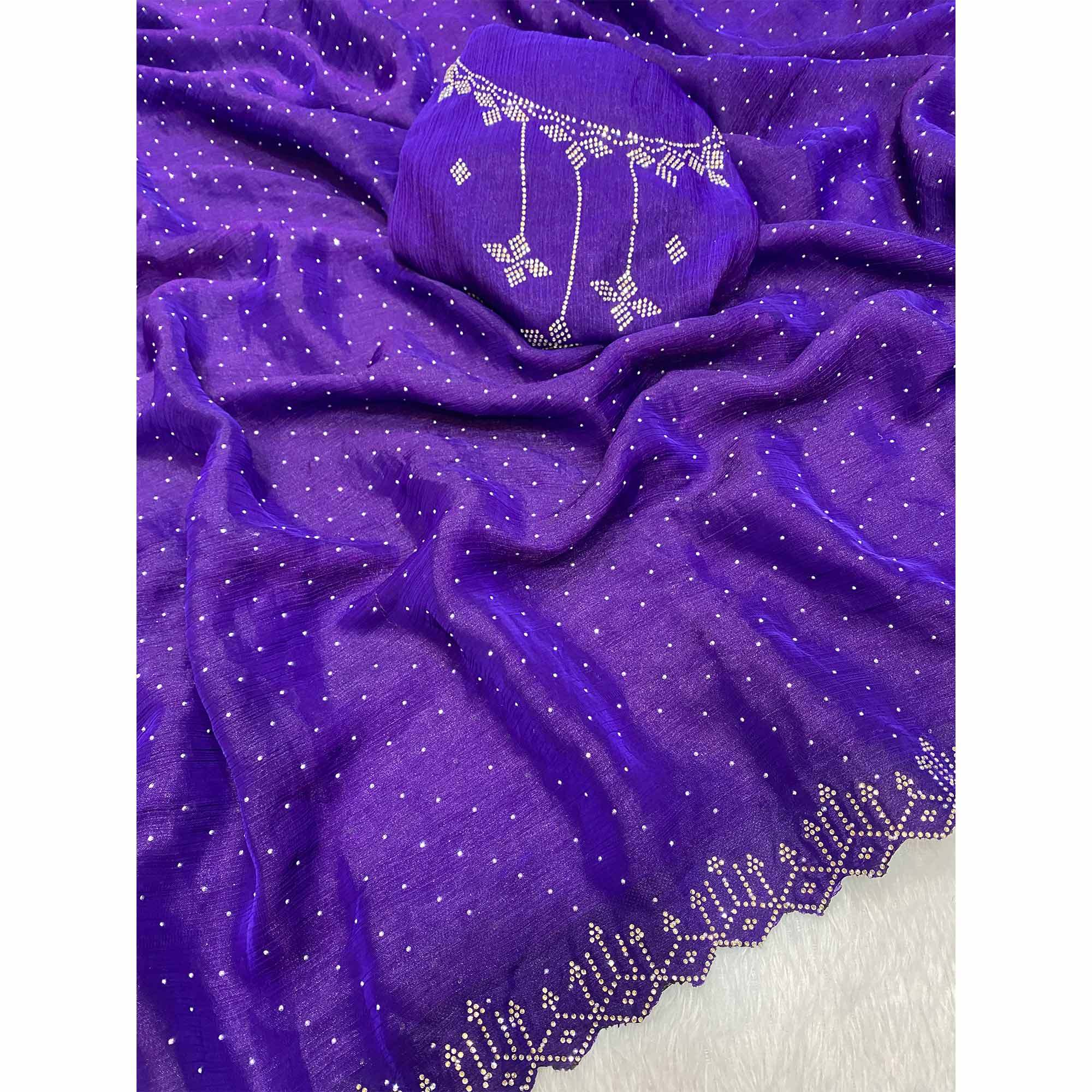 Violet Chiffon Saree Adorned with Sparkling Stone Work